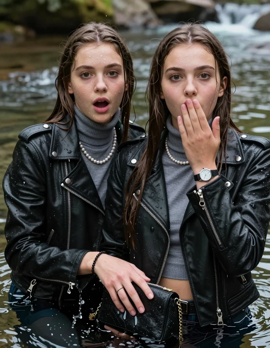 photo of young woman, in soaking wet, drenched clothes,
, , Biker leatherjacket, Tight knit turtleneck sweater belly free, handbag, pearl necklace, bracelet, wristwatch, swimming in the river, 
enjoying, wet clothes stuck to body,
detailed textures of the wet clothes, wet face, wet plastered hair,
wet, drenched, professional, high-quality details, full body view.
sharp focus, ultra-high pixel detail, realistic, high-quality, full colors, incredibly detailed, 4k, 8k, 16k, hyper-realistic, RAW photo, masterpiece, ultra-detailed, professionally color graded, professional photograph, sleek long straight hair

Two 15 years old  teenage girl

Only head and shoulders are over the surface visible. Open mouth, big eyes. Looking at camera. Hold her hand in front of her mouth.

The girls wear different clothes.

she is completely underwater up to her neck, surprised and astonished expression. 

her submerged clothes are hardly vusible under water, she soaked her handbag into the water

her clothing is soaking wet and clinging tightly to her skin, showing heavy wet folds, darkened fabric texture, and deep water-saturated Patches, her clothes are heavy from the water, water runs from her body and her clothes in streams. A lot of water also runs out of her clothes. Her clothes are darkened by the water. Her submerged clothes are good visible under the water.  she soaked her handbag into the water.

close up view, wet skin, wet clothes, wet hair, damp fabric, water runs down the clothes, wet skin, wet clothes, damp fabric. cinematic medium shot, hyper-realistic wetness, high-contrast water sheen, sharp focus, 8k resolution, professional photography, realistic water physics., wet skin, wet clothes, damp fabric, wet skin, wet clothes, damp fabric