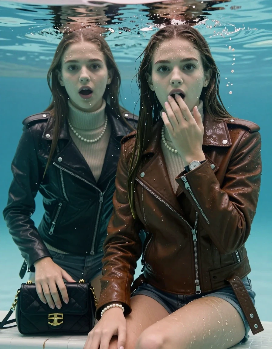 photo of young woman, in soaking wet, drenched clothes,
, , Biker leatherjacket, Tight knit turtleneck sweater belly free, handbag, pearl necklace, bracelet, wristwatch, sitting at the edge of a pool, 
enjoying, wet clothes stuck to body,
detailed textures of the wet clothes, wet face, wet plastered hair,
wet, drenched, professional, high-quality details, full body view.
sharp focus, ultra-high pixel detail, realistic, high-quality, full colors, incredibly detailed, 4k, 8k, 16k, hyper-realistic, RAW photo, masterpiece, ultra-detailed, professionally color graded, professional photograph, sleek long straight hair

Two 15 years old  teenage girl

Only head and shoulders are over the surface visible. Open mouth, big eyes. Looking at camera. Hold her hand in front of her mouth.

The girls wear different clothes.

she is completely underwater up to her neck, surprised and astonished expression. 

her submerged clothes are hardly vusible under water, she soaked her handbag into the water

her clothing is soaking wet and clinging tightly to her skin, showing heavy wet folds, darkened fabric texture, and deep water-saturated Patches, her clothes are heavy from the water, water runs from her body and her clothes in streams. A lot of water also runs out of her clothes. Her clothes are darkened by the water. Her submerged clothes are good visible under the water.  she soaked her handbag into the water.

close up view, wet skin, wet clothes, wet hair, damp fabric, water runs down the clothes, wet skin, wet clothes, damp fabric. cinematic medium shot, hyper-realistic wetness, high-contrast water sheen, sharp focus, 8k resolution, professional photography, realistic water physics., wet skin, wet clothes, damp fabric, wet skin, wet clothes, damp fabric