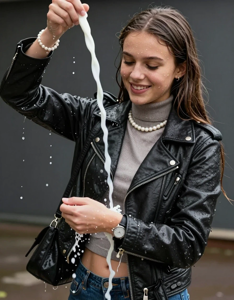 photo of young woman, in soaking wet, drenched clothes,
, , biker leatherjacket, Tight knit turtleneck sweater belly free, shoulderbag, pearl necklace, bracelet, wristwatch, pouring milk over herself, 
enjoying, wet clothes stuck to body,
detailed textures of the wet clothes, wet face, wet plastered hair,
wet, drenched, professional, high-quality details, full body view.
sharp focus, ultra-high pixel detail, realistic, high-quality, full colors, incredibly detailed, 4k, 8k, 16k, hyper-realistic, RAW photo, masterpiece, ultra-detailed, professionally color graded, professional photograph, sleek long straight hair

15 years old  teenage girl, shy and awkward, but she giggles anyway.


The girls wear different clothes.

her submerged clothes are hardly vusible under water, she soaked her handbag into the water

her clothing is soaking wet and clinging tightly to her skin, showing heavy wet folds, darkened fabric texture, and deep water-saturated Patches, her clothes are heavy from the water, water runs from her body and her clothes in streams. A lot of water also runs out of her clothes. Her clothes are darkened by the water. Her submerged clothes are good visible under the water.  she soaked her handbag into the water.

close up view, wet skin, wet clothes, wet hair, damp fabric, water runs down the clothes, wet skin, wet clothes, damp fabric. cinematic medium shot, hyper-realistic wetness, high-contrast water sheen, sharp focus, 16k resolution, professional photography, realistic water physics., wet skin, wet clothes, damp fabric, wet skin, wet clothes, damp fabric, wet skin, wet clothes, damp fabric