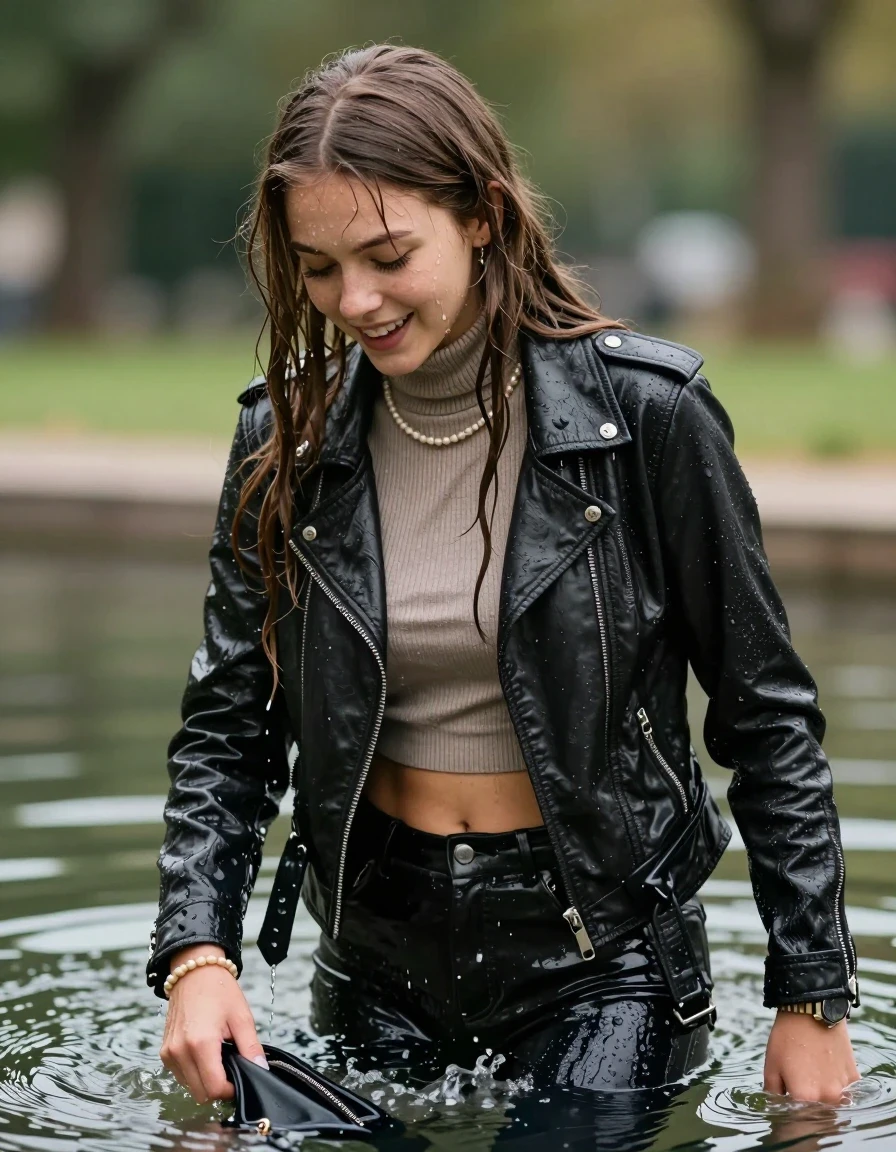 photo of young woman, in soaking wet, drenched clothes,
, , biker leatherjacket, Tight knit turtleneck sweater belly free, shoulderbag, pearl necklace, bracelet, wristwatch, getting pied in the park, 
enjoying, wet clothes stuck to body,
detailed textures of the wet clothes, wet face, wet plastered hair,
wet, drenched, professional, high-quality details, full body view.
sharp focus, ultra-high pixel detail, realistic, high-quality, full colors, incredibly detailed, 4k, 8k, 16k, hyper-realistic, RAW photo, masterpiece, ultra-detailed, professionally color graded, professional photograph, sleek long straight hair

15 years old  teenage girl, shy and awkward, but she giggles anyway.


The girls wear different clothes.

her submerged clothes are hardly vusible under water, she soaked her handbag into the water

her clothing is soaking wet and clinging tightly to her skin, showing heavy wet folds, darkened fabric texture, and deep water-saturated Patches, her clothes are heavy from the water, water runs from her body and her clothes in streams. A lot of water also runs out of her clothes. Her clothes are darkened by the water. Her submerged clothes are good visible under the water.  she soaked her handbag into the water.

close up view, wet skin, wet clothes, wet hair, damp fabric, water runs down the clothes, wet skin, wet clothes, damp fabric. cinematic medium shot, hyper-realistic wetness, high-contrast water sheen, sharp focus, 16k resolution, professional photography, realistic water physics., wet skin, wet clothes, damp fabric, wet skin, wet clothes, damp fabric, wet skin, wet clothes, damp fabric
