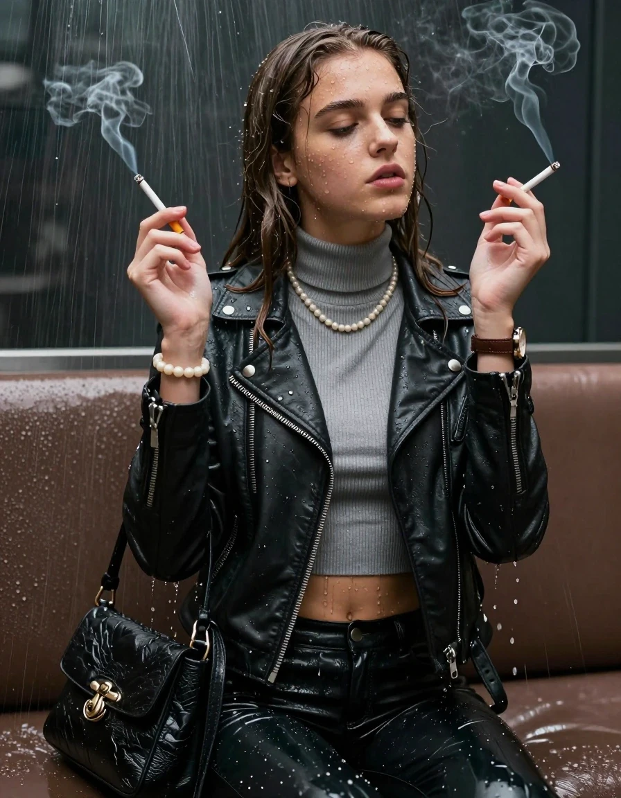 photo of young woman, in soaking wet, drenched clothes,
, , biker leatherjacket, Tight knit turtleneck sweater belly free, handbag, pearl necklace, bracelet, wristwatch, water filled wet room with a submerged brown couch under heavy sprinklers, smoking a cigarette, 
enjoying, wet clothes stuck to body,
detailed textures of the wet clothes, wet face, wet plastered hair,
wet, drenched, professional, high-quality details, full body view.
sharp focus, ultra-high pixel detail, realistic, high-quality, full colors, incredibly detailed, 4k, 8k, 16k, hyper-realistic, RAW photo, masterpiece, ultra-detailed, professionally color graded, professional photograph, sleek long straight hair

15 years old  teenage girl

The girls wear different clothes.

her submerged clothes are hardly vusible under water, she soaked her handbag into the water

her clothing is soaking wet and clinging tightly to her skin, showing heavy wet folds, darkened fabric texture, and deep water-saturated Patches, her clothes are heavy from the water, water runs from her body and her clothes in streams. A lot of water also runs out of her clothes. Her clothes are darkened by the water. Her submerged clothes are good visible under the water.  she soaked her handbag into the water.

close up view, wet skin, wet clothes, wet hair, damp fabric, water runs down the clothes, wet skin, wet clothes, damp fabric. cinematic medium shot, hyper-realistic wetness, high-contrast water sheen, sharp focus, 16k resolution, professional photography, realistic water physics., wet skin, wet clothes, damp fabric, wet skin, wet clothes, damp fabric, wet skin, wet clothes, damp fabric