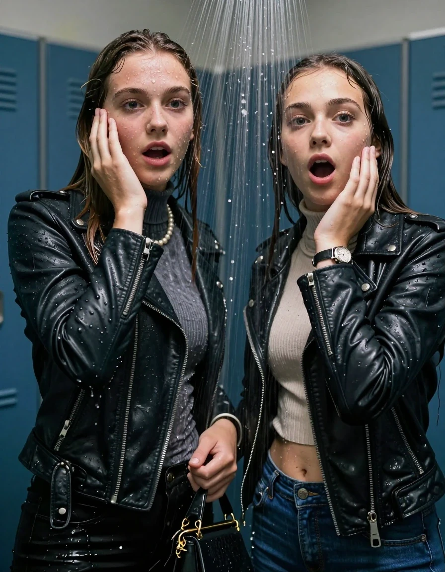 photo of young woman, in soaking wet, drenched clothes,
, , Biker leatherjacket, Tight knit turtleneck sweater belly free, handbag, pearl necklace, bracelet, wristwatch, Under the shower, strong jet of water, locker room, 
enjoying, wet clothes stuck to body,
detailed textures of the wet clothes, wet face, wet plastered hair,
wet, drenched, professional, high-quality details, full body view.
sharp focus, ultra-high pixel detail, realistic, high-quality, full colors, incredibly detailed, 4k, 8k, 16k, hyper-realistic, RAW photo, masterpiece, ultra-detailed, professionally color graded, professional photograph, sleek long straight hair

Two 15 years old  teenage girl

Only head and shoulders are over the surface visible. Open mouth, big eyes. Looking at camera. Hold her hand in front of her cheek.

The girls wear different clothes.

she is completely underwater up to her neck, surprised and astonished expression. 

her submerged clothes are hardly vusible under water, she soaked her handbag into the water

her clothing is soaking wet and clinging tightly to her skin, showing heavy wet folds, darkened fabric texture, and deep water-saturated Patches, her clothes are heavy from the water, water runs from her body and her clothes in streams. A lot of water also runs out of her clothes. Her clothes are darkened by the water. Her submerged clothes are good visible under the water.  she soaked her handbag into the water.

close up view, wet skin, wet clothes, wet hair, damp fabric, water runs down the clothes, wet skin, wet clothes, damp fabric. cinematic medium shot, hyper-realistic wetness, high-contrast water sheen, sharp focus, 8k resolution, professional photography, realistic water physics., wet skin, wet clothes, damp fabric, wet skin, wet clothes, damp fabric