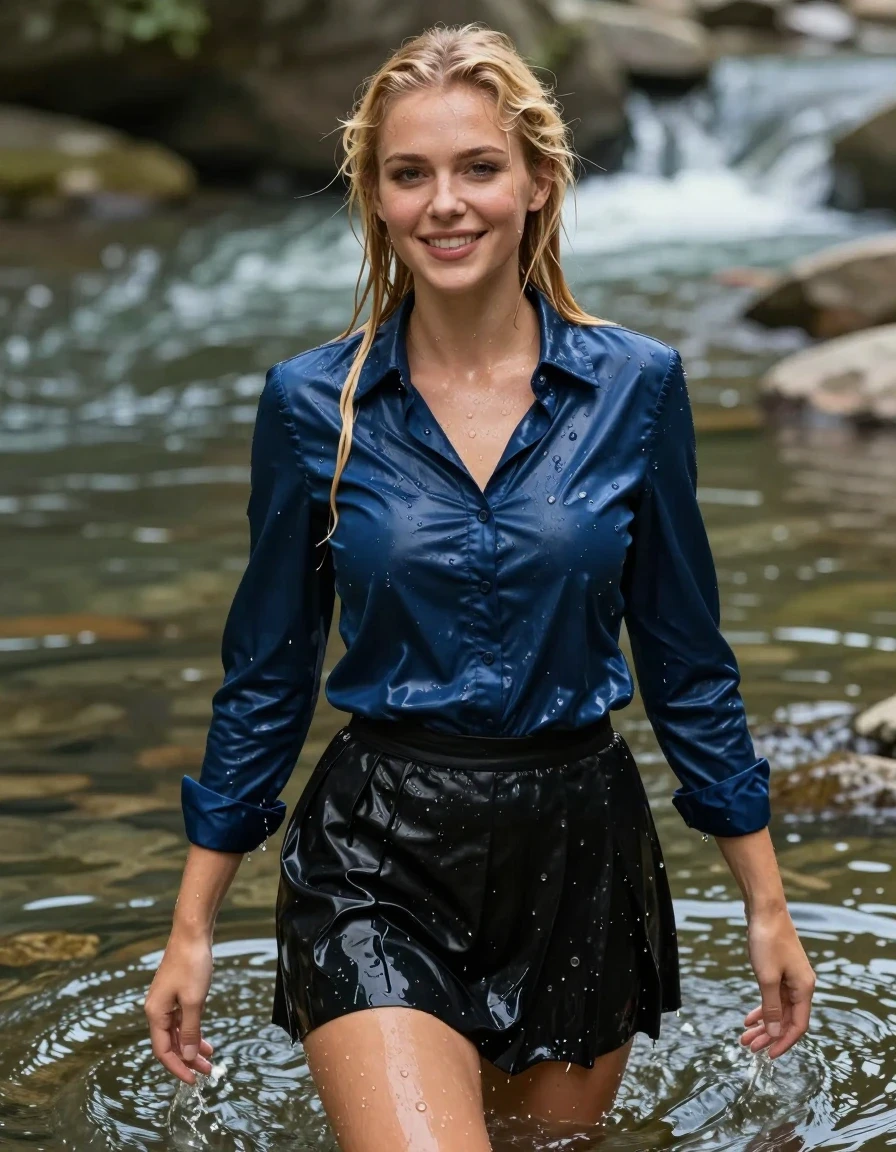 photo of young woman, in soaking wet, drenched clothes,
Black school skirt, Satin blue long sleeve blouse, very shiny, no bra, river, 
enjoying, wet clothes stuck to body,
detailed textures of the wet clothes, wet face, wet plastered hair,
wet, drenched, professional, high-quality details, full body view.
sharp focus, ultra-high pixel detail, realistic, high-quality, full colors, incredibly detailed, 4k, 8k, 16k, hyper-realistic, RAW photo, masterpiece, ultra-detailed, professionally color graded, professional photograph, wet skin, wet clothes, damp fabric