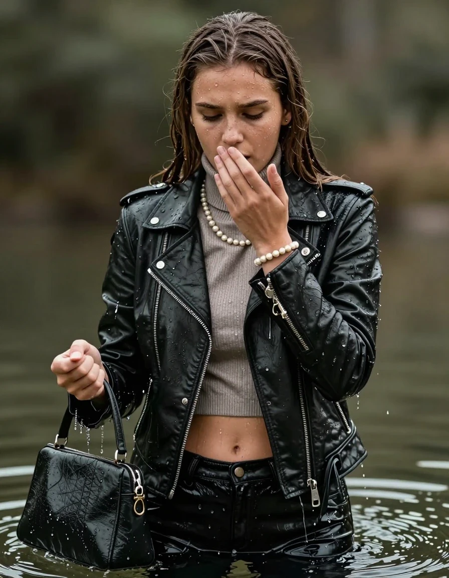 photo of young woman, in soaking wet, drenched clothes,
, , biker leatherjacket, Tight knit turtleneck sweater belly free, handbag, pearl necklace, bracelet, wristwatch, professional wet clothes fetish, 
enjoying, wet clothes stuck to body,
detailed textures of the wet clothes, wet face, wet plastered hair,
wet, drenched, professional, high-quality details, full body view.
sharp focus, ultra-high pixel detail, realistic, high-quality, full colors, incredibly detailed, 4k, 8k, 16k, hyper-realistic, RAW photo, masterpiece, ultra-detailed, professionally color graded, professional photograph, sleek long straight hair

15 years old  teenage girl, afraid and astonished.
hold her hand on her mouth.

The girls wear different clothes.

her submerged clothes are hardly vusible under water, she soaked her handbag into the water

her clothing is soaking wet and clinging tightly to her skin, showing heavy wet folds, darkened fabric texture, and deep water-saturated Patches, her clothes are heavy from the water, water runs from her body and her clothes in streams. A lot of water also runs out of her clothes. Her clothes are darkened by the water. Her submerged clothes are good visible under the water.  she soaked her handbag into the water.

close up view, wet skin, wet clothes, wet hair, damp fabric, water runs down the clothes, wet skin, wet clothes, damp fabric. cinematic medium shot, hyper-realistic wetness, high-contrast water sheen, sharp focus, 16k resolution, professional photography, realistic water physics., wet skin, wet clothes, damp fabric, wet skin, wet clothes, damp fabric, wet skin, wet clothes, damp fabric
