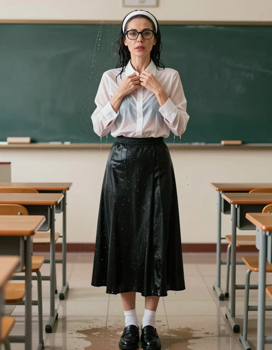 photo of young woman, in soaking wet, drenched clothes,
black shoes, white socks, maxi black flared school satin skirt, white shirt with long sleeves, after shower in classroom, enjoying wet clothes stuck body, enjoying, wet clothes stuck to body, 
enjoying, wet clothes stuck to body,
detailed textures of the wet clothes, wet face, wet plastered hair,
wet, drenched, professional, high-quality details, full body view.
sharp focus, ultra-high pixel detail, realistic, high-quality, full colors, incredibly detailed, 4k, 8k, 16k, hyper-realistic, RAW photo, masterpiece, ultra-detailed, professionally color graded, professional photograph, europen brunette skinny woman 50 years old, long dark black hair, very big and thick lips,  office glasses, white headband, complete body, wet skin, wet clothes, damp fabric, wet skin, wet clothes, damp fabric, wet skin, wet clothes, damp fabric, wet skin, wet clothes, damp fabric, wet skin, wet clothes, damp fabric, wet skin, wet clothes, damp fabric, wet skin, wet clothes, damp fabric