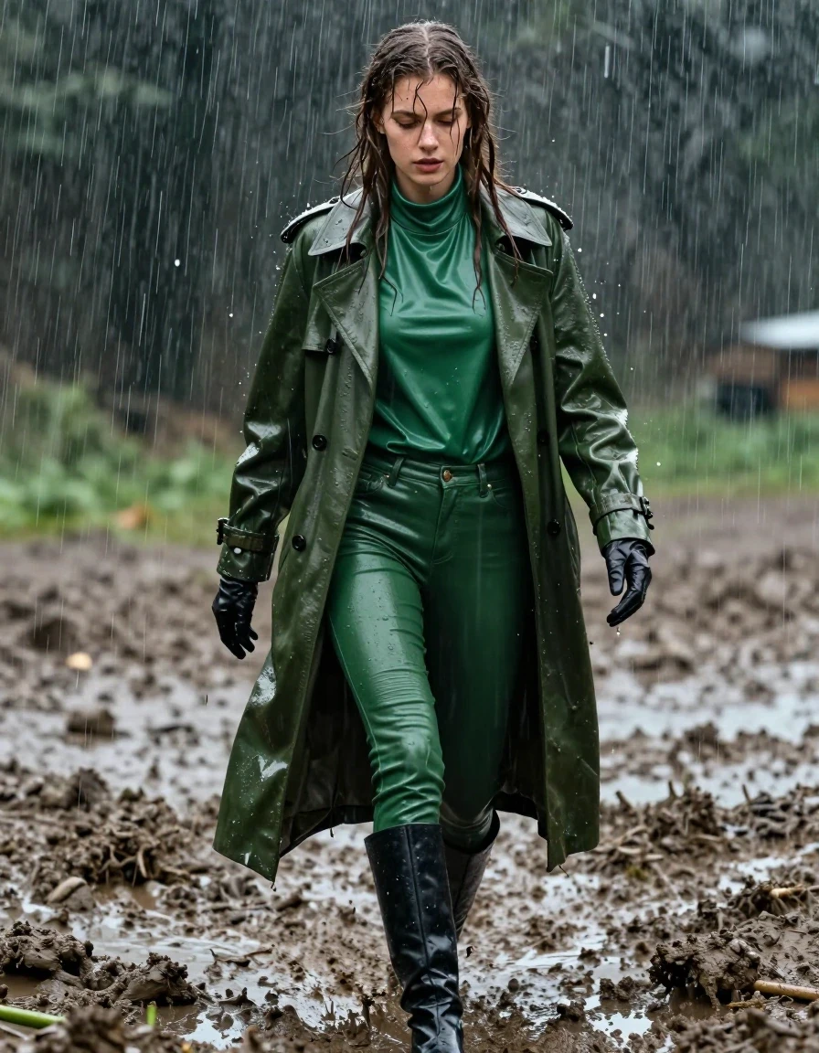A photorealistic full-body shot of a young adult European woman with long, dripping wet brown hair, walking through a muddy pit during a heavy rainstorm. She is drenched, with water sheen glistening on her wet skin and soaking-wet clothes. She wears an oversize green vinyl polar neck shirt, a green leather trench coat, green leather jeans, black leather knee-high boots, and leather gloves on both hands. The clothing is heavy with water, clinging to her frame with visible folds and deep, saturated color variations. The vinyl shirt exhibits high-gloss specular reflections, while the leather elements show dark, water-saturated textures. The environment is dark and stormy, with thick mud splatter on her clothes and boots. Cinematic lighting captures the falling rain, the wetness of the fabric, and the intense atmosphere. High resolution, sharp focus on textures, hyper-realistic wet skin, no nudity, clean anatomy, professional photography.