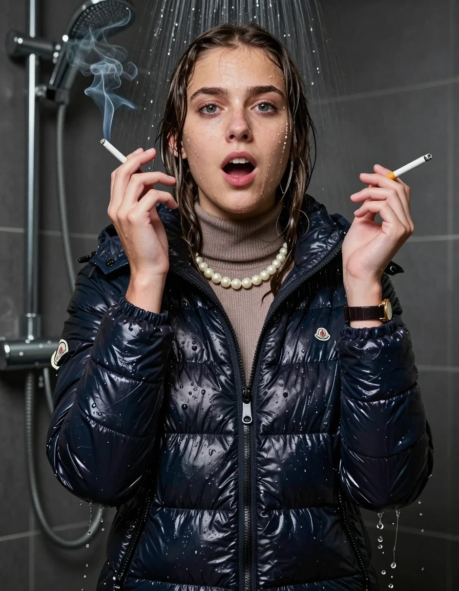 photo of young woman, in soaking wet, drenched clothes,
, , moncler shiny puffer down jacket, Tight knit turtleneck sweater belly free, handbag, pearl necklace, bracelet, wristwatch, soaked and in ecstacy in the shower Smoking a cigarette , 
enjoying, wet clothes stuck to body,
detailed textures of the wet clothes, wet face, wet plastered hair,
wet, drenched, professional, high-quality details, full body view.
sharp focus, ultra-high pixel detail, realistic, high-quality, full colors, incredibly detailed, 4k, 8k, 16k, hyper-realistic, RAW photo, masterpiece, ultra-detailed, professionally color graded, professional photograph, sleek long straight hair

15 years old  teenage girl

Only head and shoulders are over the surface visible. Looking at camera. 

The girls wear different clothes.

shocked and astonished expression. 

her submerged clothes are hardly vusible under water, she soaked her handbag into the water

her clothing is soaking wet and clinging tightly to her skin, showing heavy wet folds, darkened fabric texture, and deep water-saturated Patches, her clothes are heavy from the water, water runs from her body and her clothes in streams. A lot of water also runs out of her clothes. Her clothes are darkened by the water. Her submerged clothes are good visible under the water.  she soaked her handbag into the water.

close up view, wet skin, wet clothes, wet hair, damp fabric, water runs down the clothes, wet skin, wet clothes, damp fabric. cinematic medium shot, hyper-realistic wetness, high-contrast water sheen, sharp focus, 16k resolution, professional photography, realistic water physics., wet skin, wet clothes, damp fabric, wet skin, wet clothes, damp fabric, wet skin, wet clothes, damp fabric, wet skin, wet clothes, damp fabric