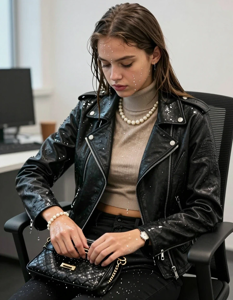 photo of young woman, in soaking wet, drenched clothes,
, , biker leatherjacket, Tight knit turtleneck sweater belly free, handbag, pearl necklace, bracelet, wristwatch, sitting on a chair in office, 
enjoying, wet clothes stuck to body,
detailed textures of the wet clothes, wet face, wet plastered hair,
wet, drenched, professional, high-quality details, full body view.
sharp focus, ultra-high pixel detail, realistic, high-quality, full colors, incredibly detailed, 4k, 8k, 16k, hyper-realistic, RAW photo, masterpiece, ultra-detailed, professionally color graded, professional photograph, sleek long straight hair

15 years old  teenage girl

The girls wear different clothes.

her submerged clothes are hardly vusible under water, she soaked her handbag into the water

her clothing is soaking wet and clinging tightly to her skin, showing heavy wet folds, darkened fabric texture, and deep water-saturated Patches, her clothes are heavy from the water, water runs from her body and her clothes in streams. A lot of water also runs out of her clothes. Her clothes are darkened by the water. Her submerged clothes are good visible under the water.  she soaked her handbag into the water.

close up view, wet skin, wet clothes, wet hair, damp fabric, water runs down the clothes, wet skin, wet clothes, damp fabric. cinematic medium shot, hyper-realistic wetness, high-contrast water sheen, sharp focus, 16k resolution, professional photography, realistic water physics., wet skin, wet clothes, damp fabric, wet skin, wet clothes, damp fabric, wet skin, wet clothes, damp fabric
