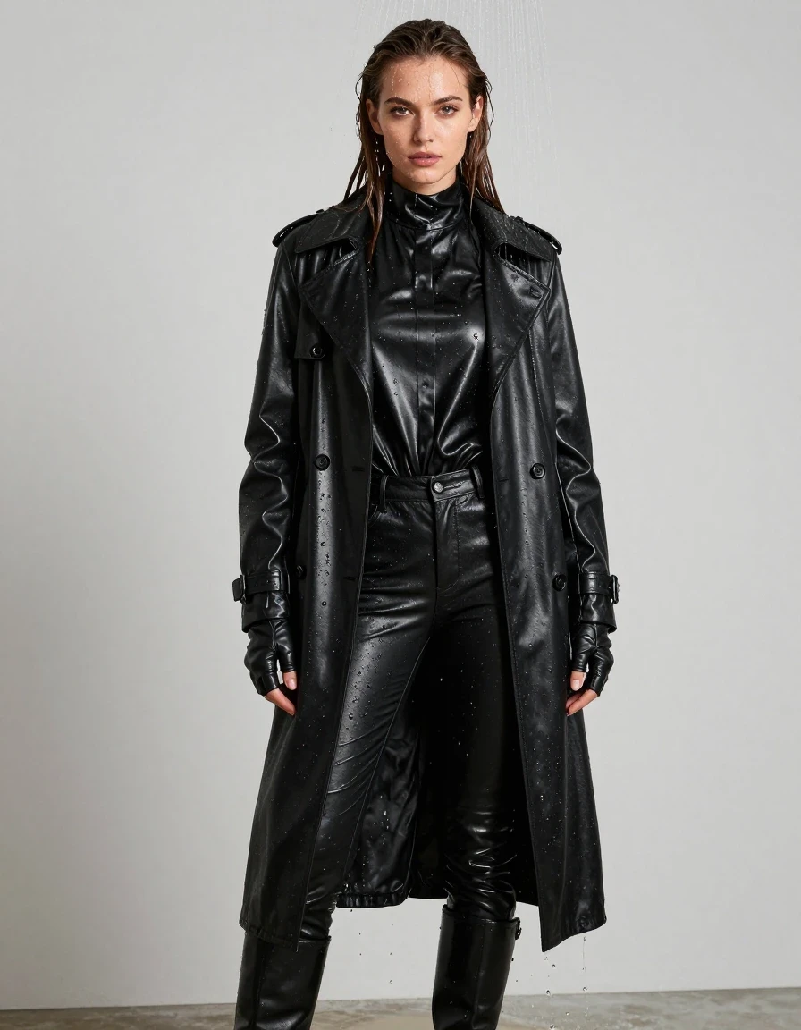 A photorealistic full-body shot of a young European woman with long, dripping wet brown hair, standing directly under a running shower. Her skin is glistening with water, and she is fully clothed in high-quality black leather garments. She wears an oversize black leather polar neck shirt, black leather jeans that are heavy with water, a long black leather trench coat, and black leather gloves on both hands. On her feet are black leather knee-high boots. The leather garments are drenched, showing deep saturation, water sheen, clinging folds, and heavy weight, with water cascading off the surfaces. The scene is brightly lit to emphasize the texture of the wet leather and the water droplets on her skin and clothing. The composition is a clear, detailed portrait of the subject in the shower, ensuring full coverage of all garments without any nudity. High-resolution, cinematic lighting, 8k, sharp focus on fabric textures and water runoff.