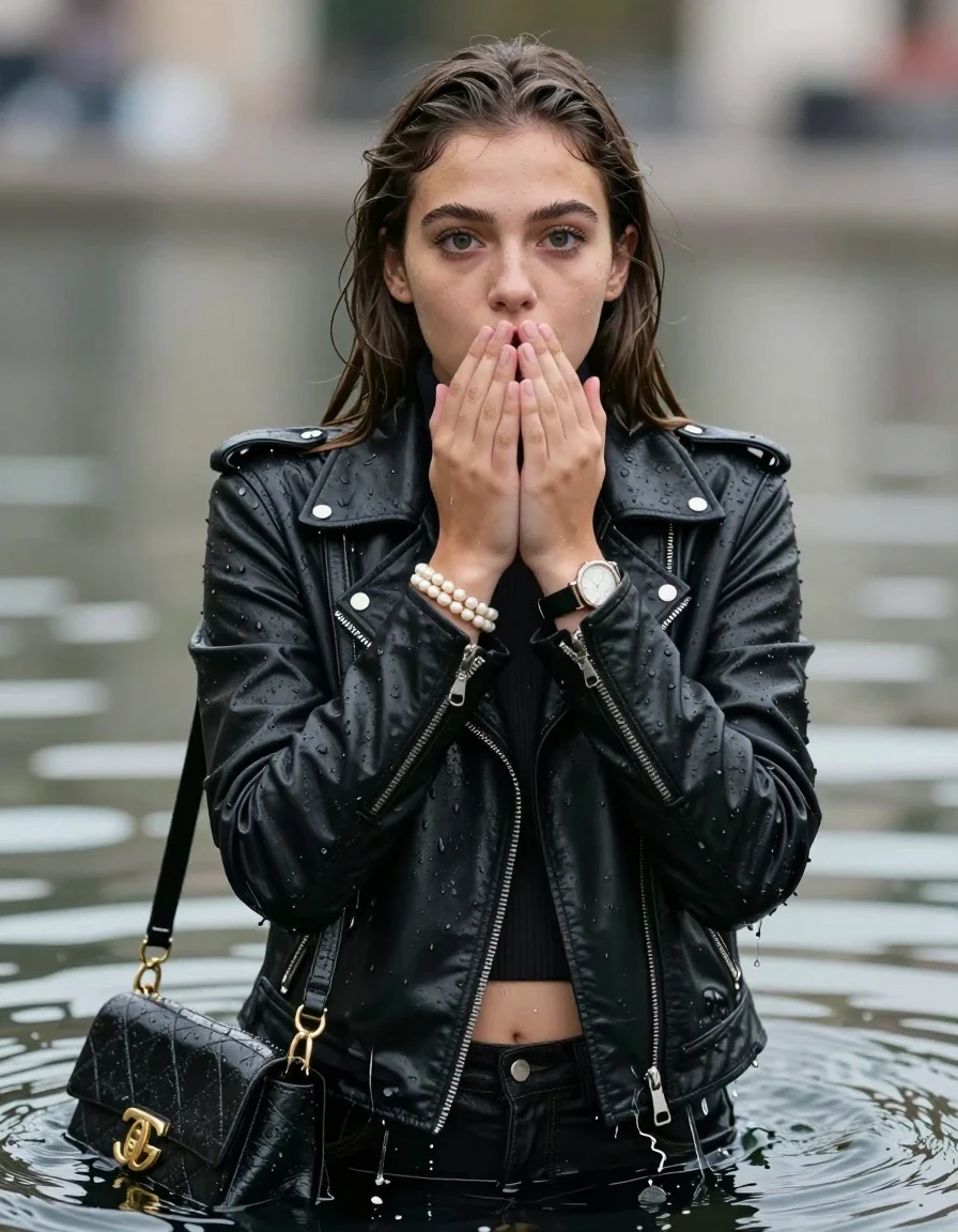photo of young woman, in soaking wet, drenched clothes,
, , black Biker leatherjacket, Tight knit turtleneck sweater belly free, handbag, pearl necklace, bracelet, wristwatch, drenched, 
enjoying, wet clothes stuck to body,
detailed textures of the wet clothes, wet face, wet plastered hair,
wet, drenched, professional, high-quality details, full body view.
sharp focus, ultra-high pixel detail, realistic, high-quality, full colors, incredibly detailed, 4k, 8k, 16k, hyper-realistic, RAW photo, masterpiece, ultra-detailed, professionally color graded, professional photograph, sleek long straight hair

19 years old  teenage girl

Only head and shoulders are over the surface visible. Open mouth, big eyes. Looking at camera. Hold her hands over her mouth.

The girls wear different clothes.

surprised and astonished expression. 

her submerged clothes are hardly vusible under water, she soaked her handbag into the water

her clothing is soaking wet and clinging tightly to her skin, showing heavy wet folds, darkened fabric texture, and deep water-saturated Patches, her clothes are heavy from the water, water runs from her body and her clothes in streams. A lot of water also runs out of her clothes. Her clothes are darkened by the water. Her submerged clothes are good visible under the water.  she soaked her handbag into the water.

close up view, wet skin, wet clothes, wet hair, damp fabric, water runs down the clothes, wet skin, wet clothes, damp fabric. cinematic medium shot, hyper-realistic wetness, high-contrast water sheen, sharp focus, 16k resolution, professional photography, realistic water physics., wet skin, wet clothes, damp fabric, wet skin, wet clothes, damp fabric