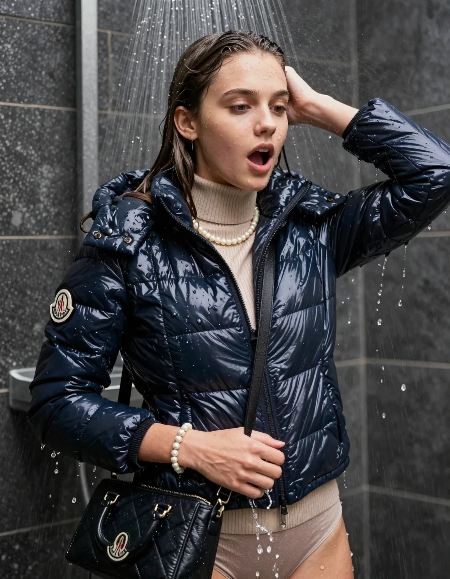 photo of young woman, in soaking wet, drenched clothes,
, , moncler shiny puffer down jacket, Tight knit turtleneck sweater belly free, handbag, pearl necklace, bracelet, wristwatch, soaked and in ecstacy in the shower, 
enjoying, wet clothes stuck to body,
detailed textures of the wet clothes, wet face, wet plastered hair,
wet, drenched, professional, high-quality details, full body view.
sharp focus, ultra-high pixel detail, realistic, high-quality, full colors, incredibly detailed, 4k, 8k, 16k, hyper-realistic, RAW photo, masterpiece, ultra-detailed, professionally color graded, professional photograph, sleek long straight hair

19 years old  teenage girl

The girls wear different clothes.

shocked and astonished expression. 

her submerged clothes are hardly vusible under water, she soaked her handbag into the water

her clothing is soaking wet and clinging tightly to her skin, showing heavy wet folds, darkened fabric texture, and deep water-saturated Patches, her clothes are heavy from the water, water runs from her body and her clothes in streams. A lot of water also runs out of her clothes. Her clothes are darkened by the water. Her submerged clothes are good visible under the water.  she soaked her handbag into the water.

close up view, wet skin, wet clothes, wet hair, damp fabric, water runs down the clothes, wet skin, wet clothes, damp fabric. cinematic medium shot, hyper-realistic wetness, high-contrast water sheen, sharp focus, 16k resolution, professional photography, realistic water physics., wet skin, wet clothes, damp fabric, wet skin, wet clothes, damp fabric, wet skin, wet clothes, damp fabric