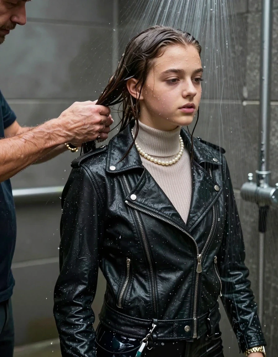 photo of young woman, in soaking wet, drenched clothes,
, , biker leatherjacket, Tight knit turtleneck sweater belly free, handbag, pearl necklace, bracelet, wristwatch, standing in a shower with a man washing her hair, 
enjoying, wet clothes stuck to body,
detailed textures of the wet clothes, wet face, wet plastered hair,
wet, drenched, professional, high-quality details, full body view.
sharp focus, ultra-high pixel detail, realistic, high-quality, full colors, incredibly detailed, 4k, 8k, 16k, hyper-realistic, RAW photo, masterpiece, ultra-detailed, professionally color graded, professional photograph, sleek long straight hair

15 years old  teenage girl

The girls wear different clothes.

her submerged clothes are hardly vusible under water, she soaked her handbag into the water

her clothing is soaking wet and clinging tightly to her skin, showing heavy wet folds, darkened fabric texture, and deep water-saturated Patches, her clothes are heavy from the water, water runs from her body and her clothes in streams. A lot of water also runs out of her clothes. Her clothes are darkened by the water. Her submerged clothes are good visible under the water.  she soaked her handbag into the water.

close up view, wet skin, wet clothes, wet hair, damp fabric, water runs down the clothes, wet skin, wet clothes, damp fabric. cinematic medium shot, hyper-realistic wetness, high-contrast water sheen, sharp focus, 16k resolution, professional photography, realistic water physics., wet skin, wet clothes, damp fabric, wet skin, wet clothes, damp fabric, wet skin, wet clothes, damp fabric