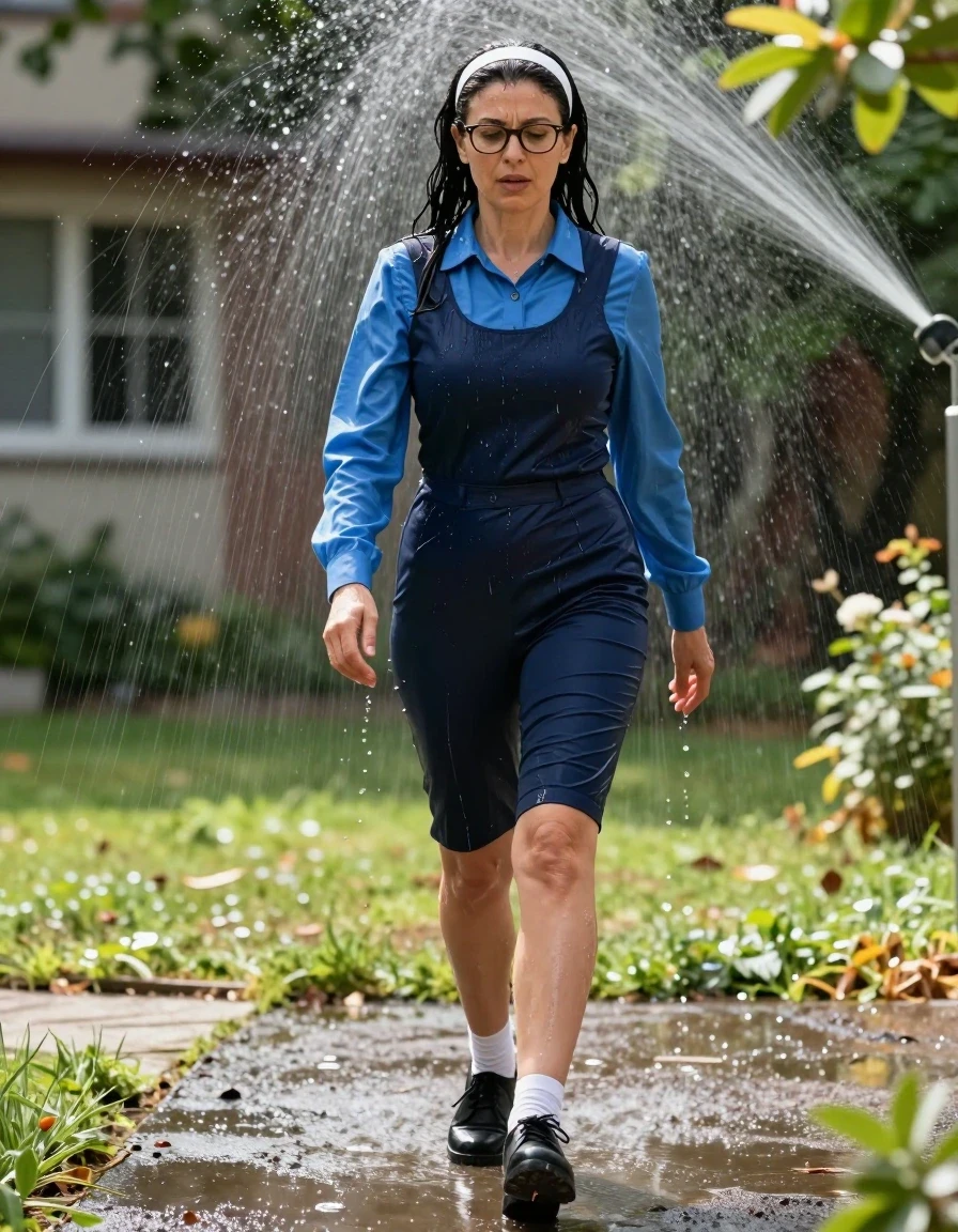 photo of young woman, in soaking wet, drenched clothes,
black shoes, white socks, DARK blue school tight pinafore over a blue long-sleeved shirt, DARK blue school tight pinafore over a blue long-sleeved shirt, walking under sprinklers under sunny school garden, enjoying wet clothes stuck body, enjoying, wet clothes stuck to body, 
enjoying, wet clothes stuck to body,
detailed textures of the wet clothes, wet face, wet plastered hair,
wet, drenched, professional, high-quality details, full body view.
sharp focus, ultra-high pixel detail, realistic, high-quality, full colors, incredibly detailed, 4k, 8k, 16k, hyper-realistic, RAW photo, masterpiece, ultra-detailed, professionally color graded, professional photograph, europen brunette skinny woman 50 years old, long dark black hair, very big and thick lips,  office glasses, white headband, complete body, wet skin, wet clothes, damp fabric, wet skin, wet clothes, damp fabric, wet skin, wet clothes, damp fabric, wet skin, wet clothes, damp fabric, wet skin, wet clothes, damp fabric, wet skin, wet clothes, damp fabric, wet skin, wet clothes, damp fabric