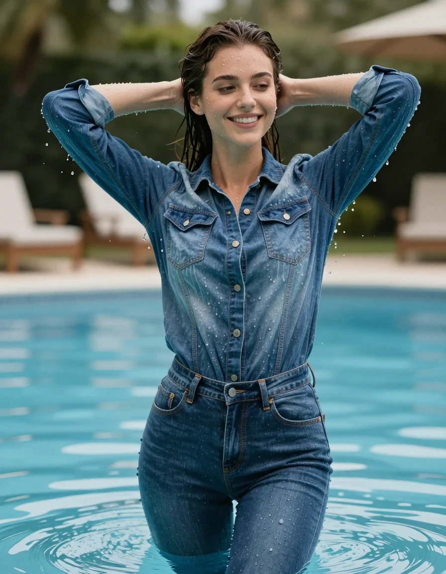 photo of young woman, in soaking wet, drenched clothes,
Bootcut jeans, Compleat Open Skinny Denim Shirt Jean jacket, Pool, 
enjoying, wet clothes stuck to body,
detailed textures of the wet clothes, wet face, wet plastered hair,
wet, drenched, professional, high-quality details, full body view.
sharp focus, ultra-high pixel detail, realistic, high-quality, full colors, incredibly detailed, 4k, 8k, 16k, hyper-realistic, RAW photo, masterpiece, ultra-detailed, professionally color graded, professional photograph, Hands behind His head smiling, wet skin, wet clothes, damp fabric