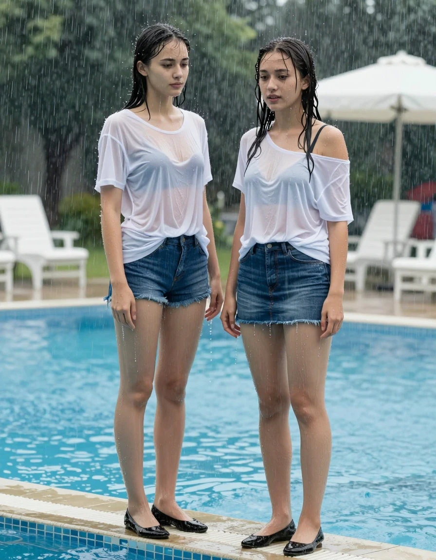 photo of young woman, in soaking wet, drenched clothes,
Black Flats, light Pantyhose, Denim mini skirt, white off-the-shoulder shirt, Standing at the edge of the pool in the pouring rain, 
enjoying, wet clothes stuck to body,
detailed textures of the wet clothes, wet face, wet plastered hair,
wet, drenched, professional, high-quality details, full body view.
sharp focus, ultra-high pixel detail, realistic, high-quality, full colors, incredibly detailed, 4k, 8k, 16k, hyper-realistic, RAW photo, masterpiece, ultra-detailed, professionally color graded, professional photograph, An 18-year-old lifeguard stands at the edge of the pool, and a girl in a T-shirt and Jeans, Pantyhose, Flats stands in front of her. Both of them are completely soaked from head to toe; water is streaming down them., wet skin, wet clothes, damp fabric