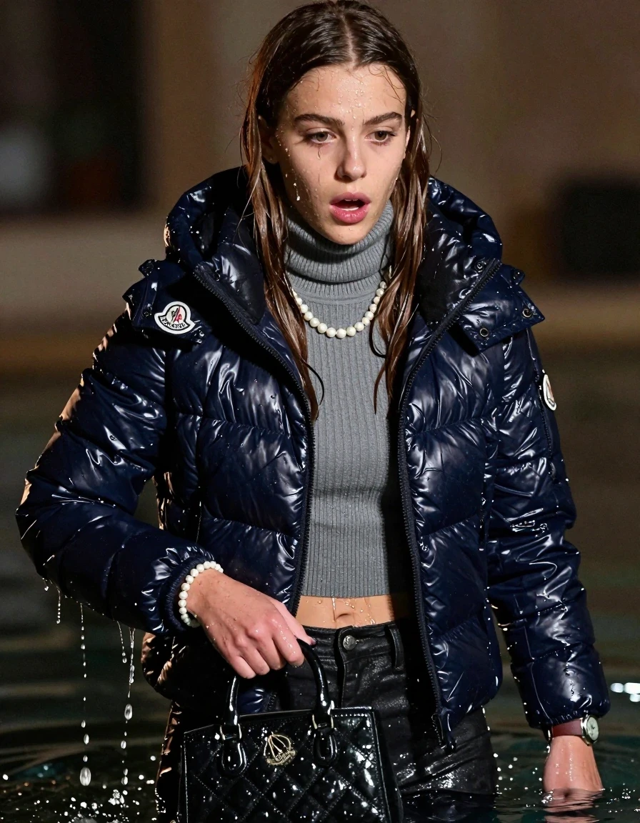 photo of young woman, in soaking wet, drenched clothes,
, , moncler shiny puffer down jacket, Tight knit turtleneck sweater belly free, handbag, pearl necklace, bracelet, wristwatch, late night dark time, 
enjoying, wet clothes stuck to body,
detailed textures of the wet clothes, wet face, wet plastered hair,
wet, drenched, professional, high-quality details, full body view.
sharp focus, ultra-high pixel detail, realistic, high-quality, full colors, incredibly detailed, 4k, 8k, 16k, hyper-realistic, RAW photo, masterpiece, ultra-detailed, professionally color graded, professional photograph, sleek long straight hair

19 years old  teenage girl

The girls wear different clothes.

shocked and astonished expression. 

her submerged clothes are hardly vusible under water, she soaked her handbag into the water

her clothing is soaking wet and clinging tightly to her skin, showing heavy wet folds, darkened fabric texture, and deep water-saturated Patches, her clothes are heavy from the water, water runs from her body and her clothes in streams. A lot of water also runs out of her clothes. Her clothes are darkened by the water. Her submerged clothes are good visible under the water.  she soaked her handbag into the water.

close up view, wet skin, wet clothes, wet hair, damp fabric, water runs down the clothes, wet skin, wet clothes, damp fabric. cinematic medium shot, hyper-realistic wetness, high-contrast water sheen, sharp focus, 16k resolution, professional photography, realistic water physics., wet skin, wet clothes, damp fabric, wet skin, wet clothes, damp fabric, wet skin, wet clothes, damp fabric