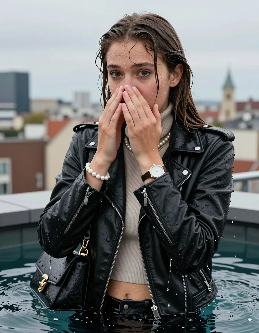 photo of young woman, in soaking wet, drenched clothes,
, , Biker leatherjacket, Tight knit turtleneck sweater belly free, handbag, pearl necklace, bracelet, wristwatch, rooftop bar with stunning city views, 
enjoying, wet clothes stuck to body,
detailed textures of the wet clothes, wet face, wet plastered hair,
wet, drenched, professional, high-quality details, full body view.
sharp focus, ultra-high pixel detail, realistic, high-quality, full colors, incredibly detailed, 4k, 8k, 16k, hyper-realistic, RAW photo, masterpiece, ultra-detailed, professionally color graded, professional photograph, sleek long straight hair

19 years old  teenage girl

Only head and shoulders are over the surface visible. Open mouth, big eyes. Looking at camera. Hold her hands over her nose.

The girls wear different clothes.

she is completely underwater up to her neck, surprised and astonished expression. 

her submerged clothes are hardly vusible under water, she soaked her handbag into the water

her clothing is soaking wet and clinging tightly to her skin, showing heavy wet folds, darkened fabric texture, and deep water-saturated Patches, her clothes are heavy from the water, water runs from her body and her clothes in streams. A lot of water also runs out of her clothes. Her clothes are darkened by the water. Her submerged clothes are good visible under the water.  she soaked her handbag into the water.

close up view, wet skin, wet clothes, wet hair, damp fabric, water runs down the clothes, wet skin, wet clothes, damp fabric. cinematic medium shot, hyper-realistic wetness, high-contrast water sheen, sharp focus, 16k resolution, professional photography, realistic water physics., wet skin, wet clothes, damp fabric, wet skin, wet clothes, damp fabric