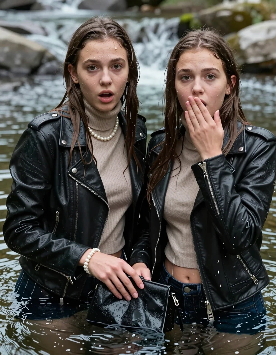 photo of young woman, in soaking wet, drenched clothes,
, , Biker leatherjacket, Tight knit turtleneck sweater belly free, handbag, pearl necklace, bracelet, wristwatch, swimming in the river, 
enjoying, wet clothes stuck to body,
detailed textures of the wet clothes, wet face, wet plastered hair,
wet, drenched, professional, high-quality details, full body view.
sharp focus, ultra-high pixel detail, realistic, high-quality, full colors, incredibly detailed, 4k, 8k, 16k, hyper-realistic, RAW photo, masterpiece, ultra-detailed, professionally color graded, professional photograph, sleek long straight hair

Two 15 years old  teenage girl

Only head and shoulders are over the surface visible. Open mouth, big eyes. Looking at camera. Hold her hand in front of her mouth.

The girls wear different clothes.

she is completely underwater up to her neck, surprised and astonished expression. 

her submerged clothes are hardly vusible under water, she soaked her handbag into the water

her clothing is soaking wet and clinging tightly to her skin, showing heavy wet folds, darkened fabric texture, and deep water-saturated Patches, her clothes are heavy from the water, water runs from her body and her clothes in streams. A lot of water also runs out of her clothes. Her clothes are darkened by the water. Her submerged clothes are good visible under the water.  she soaked her handbag into the water.

close up view, wet skin, wet clothes, wet hair, damp fabric, water runs down the clothes, wet skin, wet clothes, damp fabric. cinematic medium shot, hyper-realistic wetness, high-contrast water sheen, sharp focus, 8k resolution, professional photography, realistic water physics., wet skin, wet clothes, damp fabric, wet skin, wet clothes, damp fabric