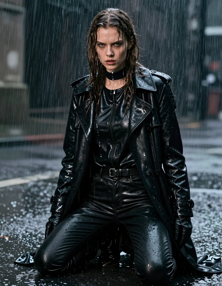 A photorealistic full-body shot of a young adult European woman with long, dripping wet brown hair, kneeling in heavy rain. Her skin is glistening with water, and her expression is intense and focused. She is wearing an oversize black leather polar neck shirt, a long black leather trench coat, black leather jeans, and black leather gloves on both hands. The leather garments are heavily drenched, featuring deep, dark tones, realistic heavy folds, and a high-gloss water sheen that reflects the ambient light. She is wearing black leather knee-high boots. The environment is dark and stormy, with torrential rain creating splashes and a thick atmosphere. The lighting is dramatic and moody, emphasizing the wet textures of the leather and the saturated, clingy fabric. The image is captured with sharp focus on the textures, highlighting the rivulets of water running down her face and clothing. High-fidelity cinematic photography, 8k resolution, highly detailed, no nudity.