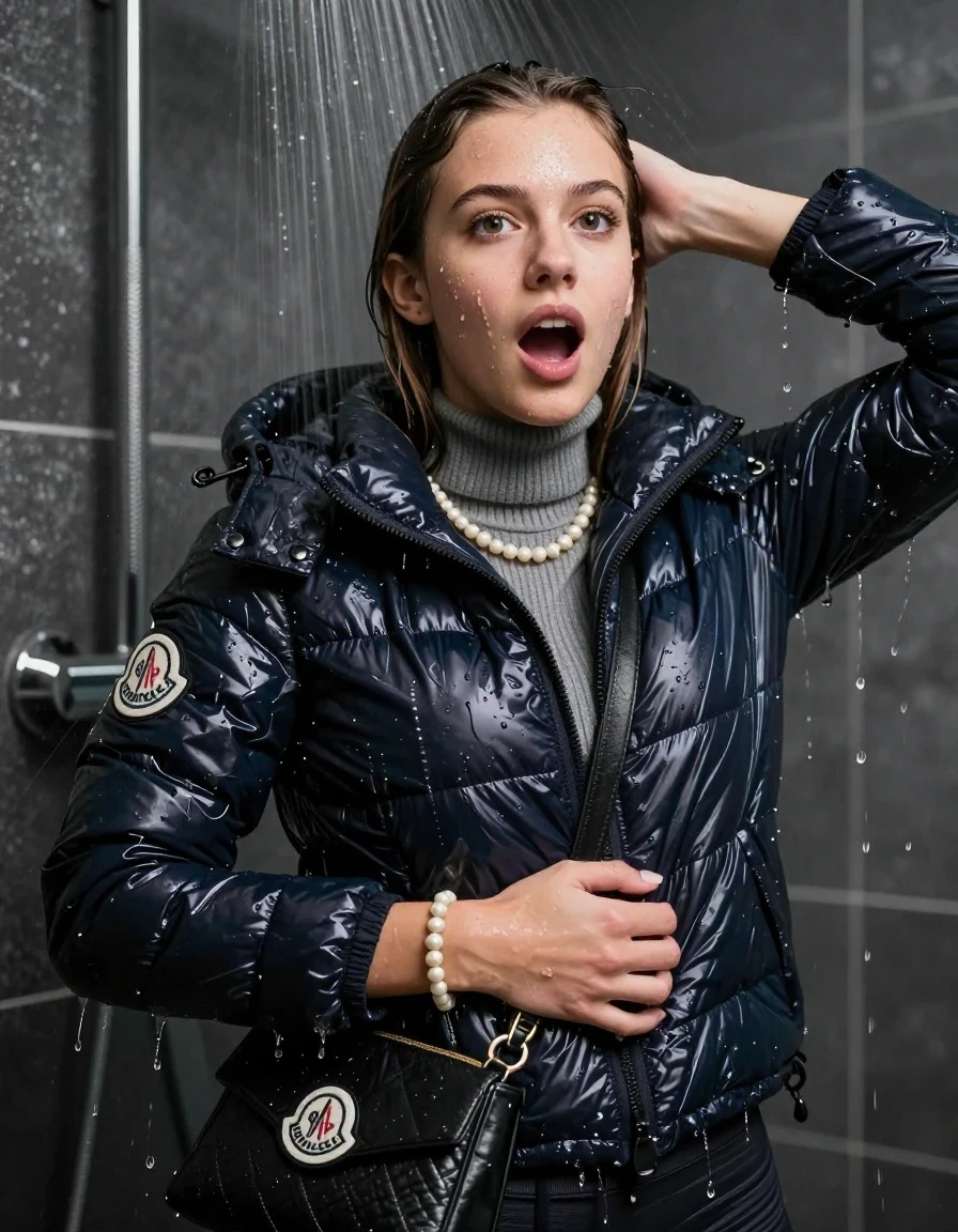 photo of young woman, in soaking wet, drenched clothes,
, , moncler shiny puffer down jacket, Tight knit turtleneck sweater belly free, handbag, pearl necklace, bracelet, wristwatch, soaked and in ecstacy in the shower, 
enjoying, wet clothes stuck to body,
detailed textures of the wet clothes, wet face, wet plastered hair,
wet, drenched, professional, high-quality details, full body view.
sharp focus, ultra-high pixel detail, realistic, high-quality, full colors, incredibly detailed, 4k, 8k, 16k, hyper-realistic, RAW photo, masterpiece, ultra-detailed, professionally color graded, professional photograph, sleek long straight hair

19 years old  teenage girl

Only head and shoulders are over the surface visible. Open mouth, big eyes. Looking at camera. 

The girls wear different clothes.

shocked and astonished expression. 

her submerged clothes are hardly vusible under water, she soaked her handbag into the water

her clothing is soaking wet and clinging tightly to her skin, showing heavy wet folds, darkened fabric texture, and deep water-saturated Patches, her clothes are heavy from the water, water runs from her body and her clothes in streams. A lot of water also runs out of her clothes. Her clothes are darkened by the water. Her submerged clothes are good visible under the water.  she soaked her handbag into the water.

close up view, wet skin, wet clothes, wet hair, damp fabric, water runs down the clothes, wet skin, wet clothes, damp fabric. cinematic medium shot, hyper-realistic wetness, high-contrast water sheen, sharp focus, 16k resolution, professional photography, realistic water physics., wet skin, wet clothes, damp fabric, wet skin, wet clothes, damp fabric, wet skin, wet clothes, damp fabric
