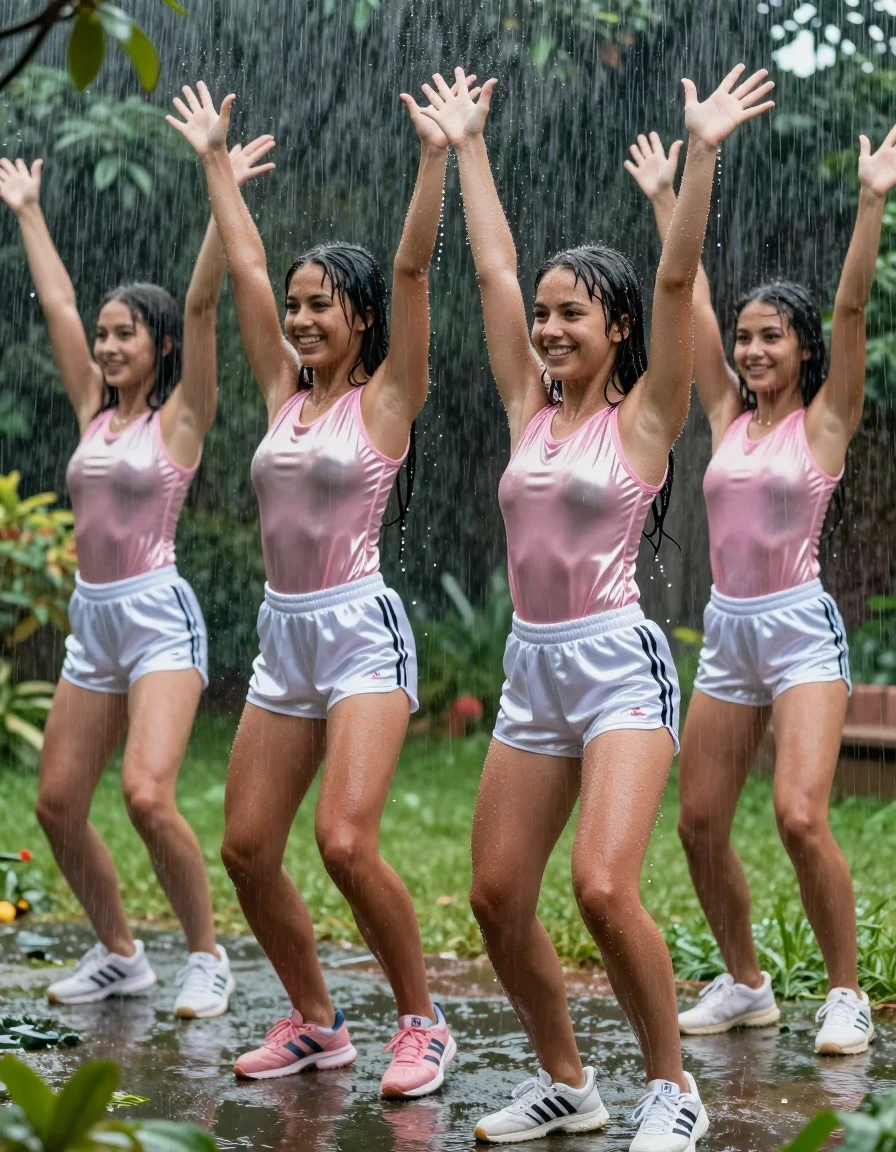 A high-detail, photorealistic wide shot of four young adult European women with long, sun-tanned legs performing gymnastics in a lush garden during a heavy downpour. The women are wearing sleek, form-fitting satin tops paired with thin pink leggings and white Adidas satin sport shorts layered on top. Their footwear consists of athletic sneakers. The heavy rain creates a dramatic, soaking-wet effect across the entire scene; the fabric of their clothing is deeply saturated, clinging to their bodies, with the satin textures showing intense water sheen, heavy folds, and glossy specular reflections. Their skin is glistening with water, and their hair is drenched and plastered to their heads. They show joyful, energetic expressions as they move through their workout in the rain. The environment is vibrant and wet, with raindrops splashing off leaves and grass, captured with sharp focus, cinematic lighting, and a high-shutter-speed photographic style that emphasizes the glistening wetness and the dynamic movement of the gymnastics.