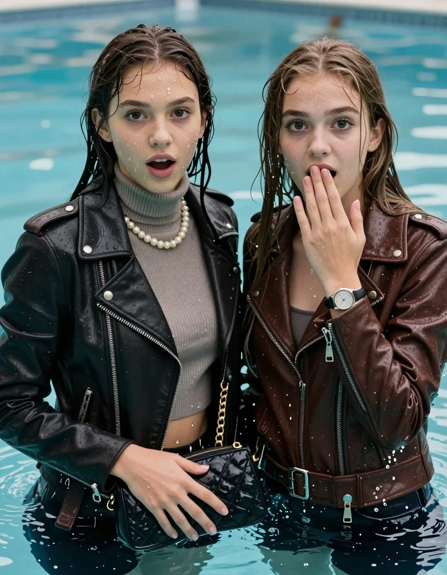 photo of young woman, in soaking wet, drenched clothes,
, , Biker leatherjacket, Tight knit turtleneck sweater belly free, handbag, pearl necklace, bracelet, wristwatch, half submerged in pool, 
enjoying, wet clothes stuck to body,
detailed textures of the wet clothes, wet face, wet plastered hair,
wet, drenched, professional, high-quality details, full body view.
sharp focus, ultra-high pixel detail, realistic, high-quality, full colors, incredibly detailed, 4k, 8k, 16k, hyper-realistic, RAW photo, masterpiece, ultra-detailed, professionally color graded, professional photograph, sleek long straight hair

Two 15 years old  teenage girl

Only head and shoulders are over the surface visible. Open mouth, big eyes. Looking at camera. Hold her hand in front of her mouth.

The girls wear different clothes.

she is completely underwater up to her neck, surprised and astonished expression. 

her submerged clothes are hardly vusible under water, she soaked her handbag into the water

her clothing is soaking wet and clinging tightly to her skin, showing heavy wet folds, darkened fabric texture, and deep water-saturated Patches, her clothes are heavy from the water, water runs from her body and her clothes in streams. A lot of water also runs out of her clothes. Her clothes are darkened by the water. Her submerged clothes are good visible under the water.  she soaked her handbag into the water.

close up view, wet skin, wet clothes, wet hair, damp fabric, water runs down the clothes, wet skin, wet clothes, damp fabric. cinematic medium shot, hyper-realistic wetness, high-contrast water sheen, sharp focus, 8k resolution, professional photography, realistic water physics., wet skin, wet clothes, damp fabric, wet skin, wet clothes, damp fabric