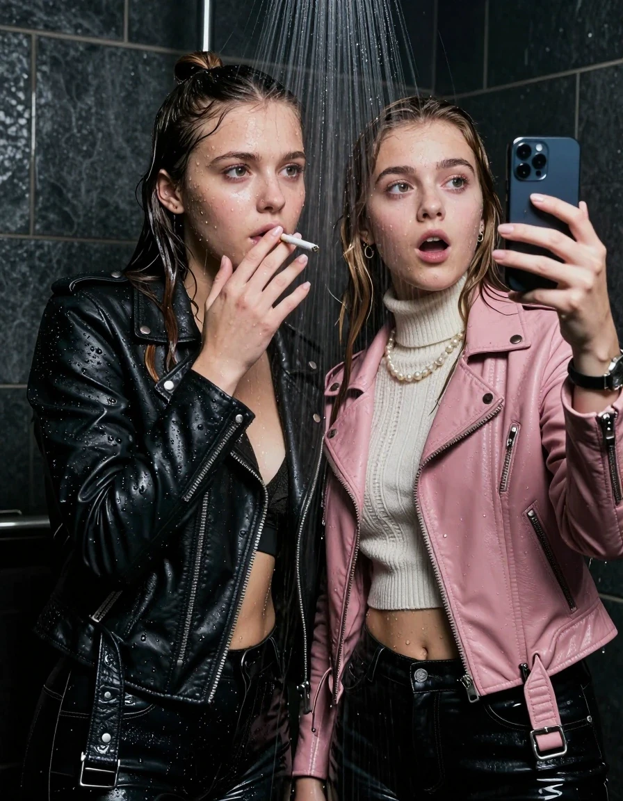 photo of young woman, in soaking wet, drenched clothes,
, , Black Biker leatherjacket and light pink leatherjacket, knit turtleneck sweater belly free, handbag, pearl necklace, bracelet, wristwatch, Under the shower, strong jet of water, party room, Smoking a cigarette , 
enjoying, wet clothes stuck to body,
detailed textures of the wet clothes, wet face, wet plastered hair,
wet, drenched, professional, high-quality details, full body view.
sharp focus, ultra-high pixel detail, realistic, high-quality, full colors, incredibly detailed, 4k, 8k, 16k, hyper-realistic, RAW photo, masterpiece, ultra-detailed, professionally color graded, professional photograph, sleek long straight hair and topknot

 two 15 years old  teenage girls

Only head and shoulders are over the surface visible. Open mouth, big eyes. Looking at camera. Hold her hand in front of her mouth. one girl take a selfie with her smartphone.

The girls wear different clothes.

she is completely underwater up to her neck, afraid and astonished expression. 

her clothing is soaking wet and clinging tightly to her skin, showing heavy wet folds, darkened fabric texture, and deep water-saturated Patches, her clothes are heavy from the water, water runs from her body and her clothes in streams. A lot of water also runs out of her clothes. Her clothes are darkened by the water. Her submerged clothes are good visible under the water.  she soaked her handbag into the water.

close up view, wet skin, wet clothes, wet hair, damp fabric, water runs down the clothes, wet skin, wet clothes, damp fabric. cinematic medium shot, hyper-realistic wetness, high-contrast water sheen, sharp focus, 16k resolution, professional photography, realistic water physics., wet skin, wet clothes, damp fabric, wet skin, wet clothes, damp fabric, wet skin, wet clothes, damp fabric, wet skin, wet clothes, damp fabric, wet skin, wet clothes, damp fabric, wet skin, wet clothes, damp fabric