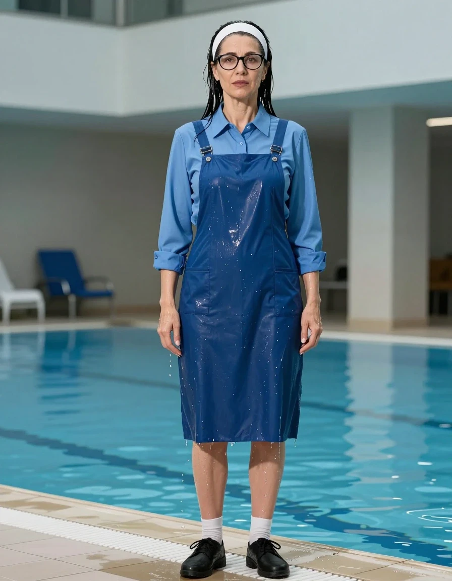 photo of young woman, in soaking wet, drenched clothes,
black shoes, white socks, blue school long pinafore over a blue long-sleeved shirt, blue school long pinafore over a blue long-sleeved shirt, shower after bath in indoor swimming pool, enjoying wet clothes stuck body, enjoying, wet clothes stuck to body, 
enjoying, wet clothes stuck to body,
detailed textures of the wet clothes, wet face, wet plastered hair,
wet, drenched, professional, high-quality details, full body view.
sharp focus, ultra-high pixel detail, realistic, high-quality, full colors, incredibly detailed, 4k, 8k, 16k, hyper-realistic, RAW photo, masterpiece, ultra-detailed, professionally color graded, professional photograph, europen brunette skinny woman 50 years old, long dark black hair, very big and thick lips,  office glasses, white headband, complete body, wet skin, wet clothes, damp fabric, wet skin, wet clothes, damp fabric, wet skin, wet clothes, damp fabric, wet skin, wet clothes, damp fabric, wet skin, wet clothes, damp fabric, wet skin, wet clothes, damp fabric, wet skin, wet clothes, damp fabric