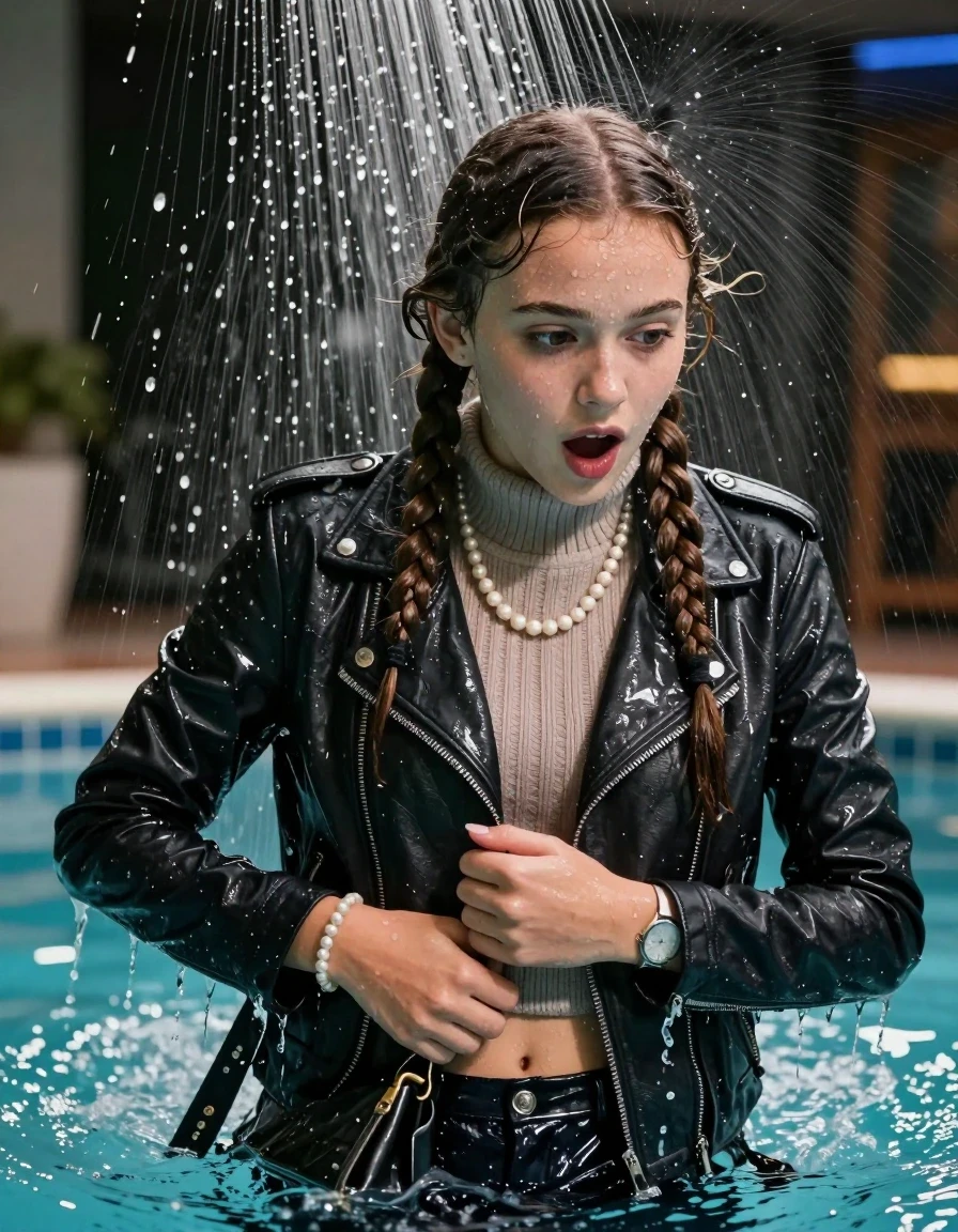 photo of young woman, in soaking wet, drenched clothes,
, , Biker leatherjacket, knit turtleneck sweater belly free, handbag, pearl necklace, bracelet, wristwatch, Under the shower, strong jet of water, party room, 
enjoying, wet clothes stuck to body,
detailed textures of the wet clothes, wet face, wet plastered hair,
wet, drenched, professional, high-quality details, full body view.
sharp focus, ultra-high pixel detail, realistic, high-quality, full colors, incredibly detailed, 4k, 8k, 16k, hyper-realistic, RAW photo, masterpiece, ultra-detailed, professionally color graded, professional photograph, Two long braids 

 15 years old  school girl

Only head and shoulders are over the surface visible. Open mouth, big eyes. Looking down

The scene is captured at the moment of impact with water droplets spraying in the air and the pool lights creating reflections on the surface. The mood is daring and energetic, with a focus on the movement of the fabric and the splash.

The girls wear different clothes.

she is completely underwater up to her neck, surprised and astonished expression. 

her clothing is soaking wet and clinging tightly to her skin, showing heavy wet folds, darkened fabric texture, and deep water-saturated Patches, her clothes are heavy from the water, water runs from her body and her clothes in streams. A lot of water also runs out of her clothes. Her clothes are darkened by the water. Her submerged clothes are good visible under the water.  she soaked her handbag into the water.

close up view, wet skin, wet clothes, wet hair, damp fabric, water runs down the clothes, wet skin, wet clothes, damp fabric. cinematic medium shot, hyper-realistic wetness, high-contrast water sheen, sharp focus, 16k resolution, professional photography, realistic water physics., wet skin, wet clothes, damp fabric, wet skin, wet clothes, damp fabric, wet skin, wet clothes, damp fabric, wet skin, wet clothes, damp fabric