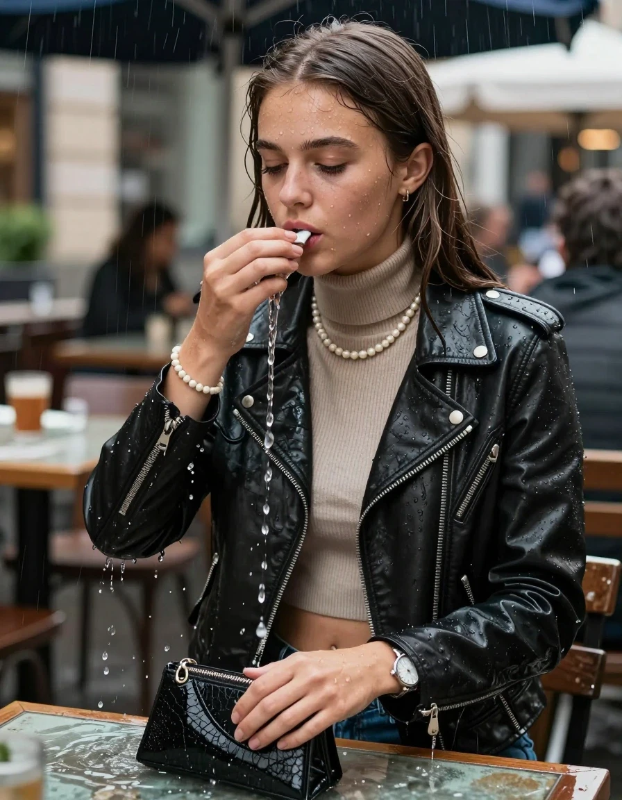 photo of young woman, in soaking wet, drenched clothes,
, , biker leatherjacket, Tight knit turtleneck sweater belly free, handbag, pearl necklace, bracelet, wristwatch, under heavy rain at outdoor restaurant, 
enjoying, wet clothes stuck to body,
detailed textures of the wet clothes, wet face, wet plastered hair,
wet, drenched, professional, high-quality details, full body view.
sharp focus, ultra-high pixel detail, realistic, high-quality, full colors, incredibly detailed, 4k, 8k, 16k, hyper-realistic, RAW photo, masterpiece, ultra-detailed, professionally color graded, professional photograph, sleek long straight hair

15 years old  teenage girl

The girls wear different clothes.

her submerged clothes are hardly vusible under water, she soaked her handbag into the water

her clothing is soaking wet and clinging tightly to her skin, showing heavy wet folds, darkened fabric texture, and deep water-saturated Patches, her clothes are heavy from the water, water runs from her body and her clothes in streams. A lot of water also runs out of her clothes. Her clothes are darkened by the water. Her submerged clothes are good visible under the water.  she soaked her handbag into the water.

close up view, wet skin, wet clothes, wet hair, damp fabric, water runs down the clothes, wet skin, wet clothes, damp fabric. cinematic medium shot, hyper-realistic wetness, high-contrast water sheen, sharp focus, 16k resolution, professional photography, realistic water physics., wet skin, wet clothes, damp fabric, wet skin, wet clothes, damp fabric, wet skin, wet clothes, damp fabric