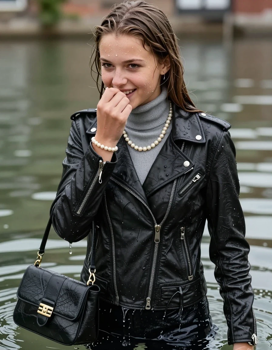 photo of young woman, in soaking wet, drenched clothes,
, , biker leatherjacket, Tight knit turtleneck sweater belly free, handbag, pearl necklace, bracelet, wristwatch, professional wet clothes fetish, 
enjoying, wet clothes stuck to body,
detailed textures of the wet clothes, wet face, wet plastered hair,
wet, drenched, professional, high-quality details, full body view.
sharp focus, ultra-high pixel detail, realistic, high-quality, full colors, incredibly detailed, 4k, 8k, 16k, hyper-realistic, RAW photo, masterpiece, ultra-detailed, professionally color graded, professional photograph, sleek long straight hair

15 years old  teenage girl, shy and awkward, but she giggles anyway.
hold her hand on her mouth.

The girls wear different clothes.

her submerged clothes are hardly vusible under water, she soaked her handbag into the water

her clothing is soaking wet and clinging tightly to her skin, showing heavy wet folds, darkened fabric texture, and deep water-saturated Patches, her clothes are heavy from the water, water runs from her body and her clothes in streams. A lot of water also runs out of her clothes. Her clothes are darkened by the water. Her submerged clothes are good visible under the water.  she soaked her handbag into the water.

close up view, wet skin, wet clothes, wet hair, damp fabric, water runs down the clothes, wet skin, wet clothes, damp fabric. cinematic medium shot, hyper-realistic wetness, high-contrast water sheen, sharp focus, 16k resolution, professional photography, realistic water physics., wet skin, wet clothes, damp fabric, wet skin, wet clothes, damp fabric, wet skin, wet clothes, damp fabric