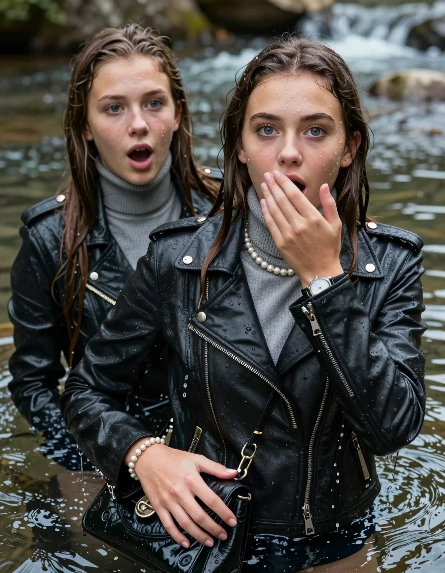 photo of young woman, in soaking wet, drenched clothes,
, , Biker leatherjacket, Tight knit turtleneck sweater belly free, handbag, pearl necklace, bracelet, wristwatch, swimming in the river, 
enjoying, wet clothes stuck to body,
detailed textures of the wet clothes, wet face, wet plastered hair,
wet, drenched, professional, high-quality details, full body view.
sharp focus, ultra-high pixel detail, realistic, high-quality, full colors, incredibly detailed, 4k, 8k, 16k, hyper-realistic, RAW photo, masterpiece, ultra-detailed, professionally color graded, professional photograph, sleek long straight hair

Two 15 years old  teenage girl

Only head and shoulders are over the surface visible. Open mouth, big eyes. Looking at camera. Hold her hand in front of her mouth.

The girls wear different clothes.

she is completely underwater up to her neck, surprised and astonished expression. 

her submerged clothes are hardly vusible under water, she soaked her handbag into the water

her clothing is soaking wet and clinging tightly to her skin, showing heavy wet folds, darkened fabric texture, and deep water-saturated Patches, her clothes are heavy from the water, water runs from her body and her clothes in streams. A lot of water also runs out of her clothes. Her clothes are darkened by the water. Her submerged clothes are good visible under the water.  she soaked her handbag into the water.

close up view, wet skin, wet clothes, wet hair, damp fabric, water runs down the clothes, wet skin, wet clothes, damp fabric. cinematic medium shot, hyper-realistic wetness, high-contrast water sheen, sharp focus, 8k resolution, professional photography, realistic water physics., wet skin, wet clothes, damp fabric, wet skin, wet clothes, damp fabric