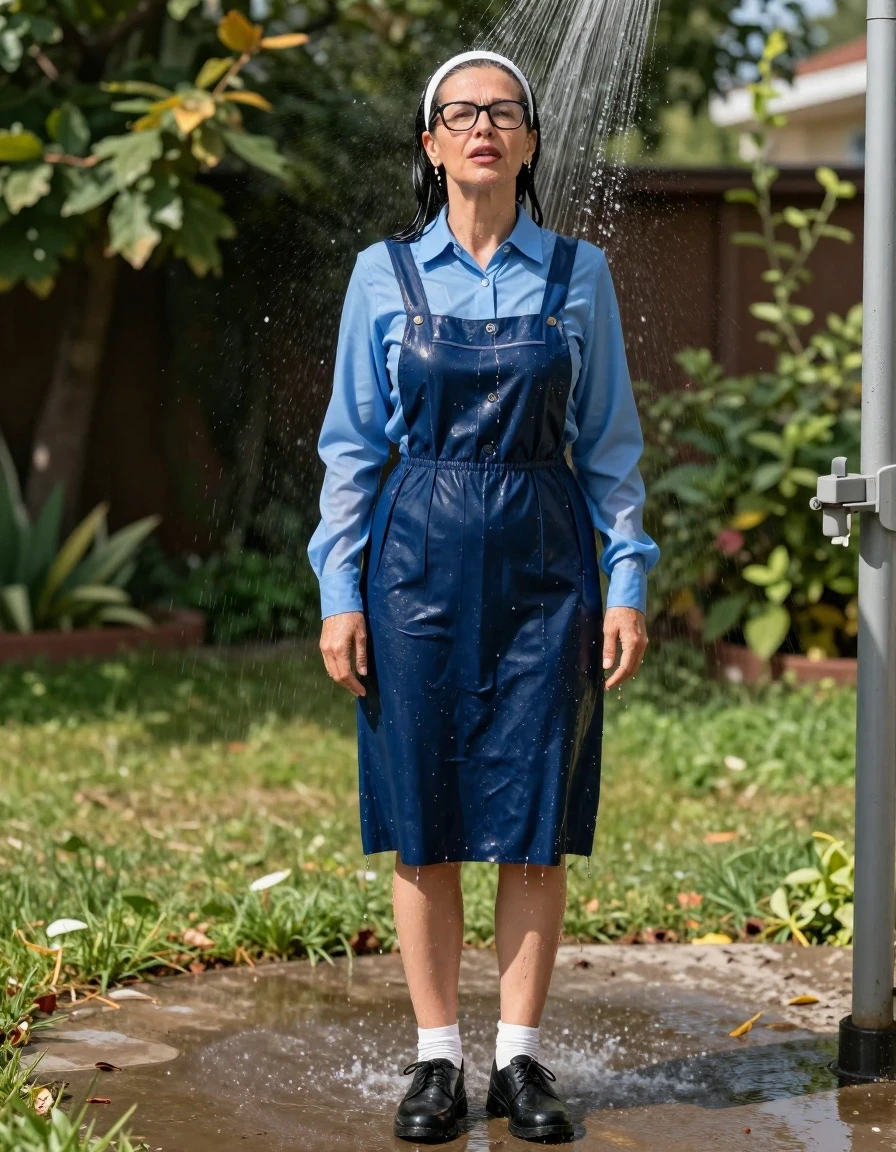 photo of young woman, in soaking wet, drenched clothes,
black shoes, white socks, blue school long pinafore over a blue long-sleeved shirt, blue school long pinafore over a blue long-sleeved shirt, shower in sunny school garden, enjoying wet clothes stuck body, enjoying, wet clothes stuck to body, 
enjoying, wet clothes stuck to body,
detailed textures of the wet clothes, wet face, wet plastered hair,
wet, drenched, professional, high-quality details, full body view.
sharp focus, ultra-high pixel detail, realistic, high-quality, full colors, incredibly detailed, 4k, 8k, 16k, hyper-realistic, RAW photo, masterpiece, ultra-detailed, professionally color graded, professional photograph, europen brunette skinny woman 50 years old, long dark black hair, very big and thick lips,  office glasses, white headband, complete body, wet skin, wet clothes, damp fabric, wet skin, wet clothes, damp fabric, wet skin, wet clothes, damp fabric, wet skin, wet clothes, damp fabric, wet skin, wet clothes, damp fabric, wet skin, wet clothes, damp fabric, wet skin, wet clothes, damp fabric