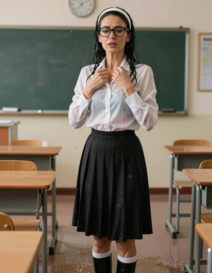 photo of young woman, in soaking wet, drenched clothes,
black shoes, white socks, long black flared school skirt, white shirt with long sleeves, after shower in classroom, enjoying wet clothes stuck body, enjoying, wet clothes stuck to body, 
enjoying, wet clothes stuck to body,
detailed textures of the wet clothes, wet face, wet plastered hair,
wet, drenched, professional, high-quality details, full body view.
sharp focus, ultra-high pixel detail, realistic, high-quality, full colors, incredibly detailed, 4k, 8k, 16k, hyper-realistic, RAW photo, masterpiece, ultra-detailed, professionally color graded, professional photograph, europen brunette skinny woman 50 years old, long dark black hair, very big and thick lips,  office glasses, white headband, complete body, wet skin, wet clothes, damp fabric, wet skin, wet clothes, damp fabric, wet skin, wet clothes, damp fabric, wet skin, wet clothes, damp fabric, wet skin, wet clothes, damp fabric, wet skin, wet clothes, damp fabric, wet skin, wet clothes, damp fabric