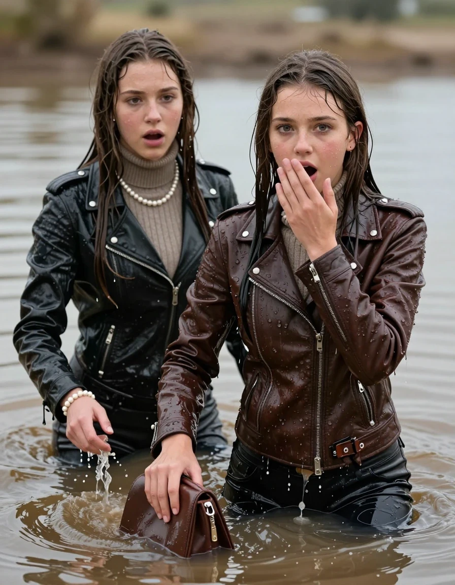 photo of young woman, in soaking wet, drenched clothes,
, , Biker leatherjacket, Tight knit turtleneck sweater belly free, handbag, pearl necklace, bracelet, wristwatch, guiding a horse through a deep mud pond, 
enjoying, wet clothes stuck to body,
detailed textures of the wet clothes, wet face, wet plastered hair,
wet, drenched, professional, high-quality details, full body view.
sharp focus, ultra-high pixel detail, realistic, high-quality, full colors, incredibly detailed, 4k, 8k, 16k, hyper-realistic, RAW photo, masterpiece, ultra-detailed, professionally color graded, professional photograph, sleek long straight hair

Two 19 years old  teenage girl

Only head and shoulders are over the surface visible. Open mouth, big eyes. Looking at camera. Hold her hand in front of her mouth.

The girls wear different clothes.

she is completely underwater up to her neck, surprised and astonished expression. 

her submerged clothes are hardly vusible under water, she soaked her handbag into the water

her clothing is soaking wet and clinging tightly to her skin, showing heavy wet folds, darkened fabric texture, and deep water-saturated Patches, her clothes are heavy from the water, water runs from her body and her clothes in streams. A lot of water also runs out of her clothes. Her clothes are darkened by the water. Her submerged clothes are good visible under the water.  she soaked her handbag into the water.

close up view, wet skin, wet clothes, wet hair, damp fabric, water runs down the clothes, wet skin, wet clothes, damp fabric. cinematic medium shot, hyper-realistic wetness, high-contrast water sheen, sharp focus, 8k resolution, professional photography, realistic water physics., wet skin, wet clothes, damp fabric, wet skin, wet clothes, damp fabric
