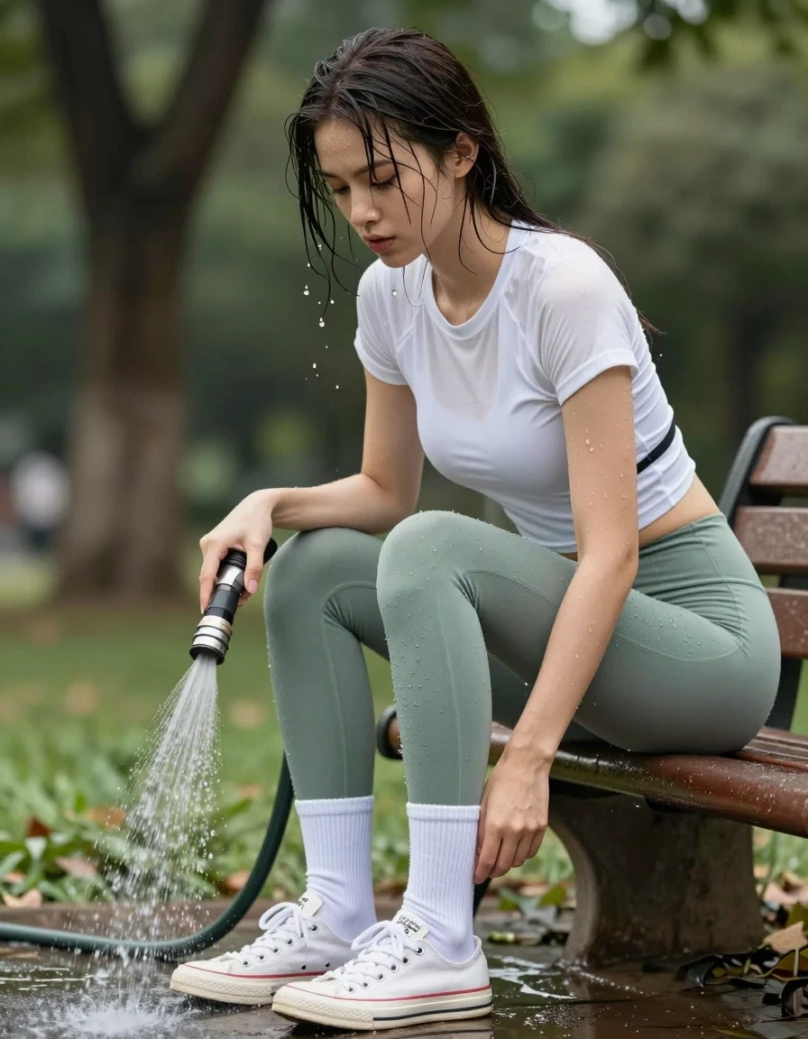 photo of young woman, in soaking wet, drenched clothes,
White crew socks and converse sneakers., Sage green leggings, White skintight baby t-shirt and black bra, In the park, 
enjoying, wet clothes stuck to body,
detailed textures of the wet clothes, wet face, wet plastered hair,
wet, drenched, professional, high-quality details, full body view.
sharp focus, ultra-high pixel detail, realistic, high-quality, full colors, incredibly detailed, 4k, 8k, 16k, hyper-realistic, RAW photo, masterpiece, ultra-detailed, professionally color graded, professional photograph, The slim model is holding a hose down and spraying her shoes and socks., wet skin, wet clothes, damp fabric