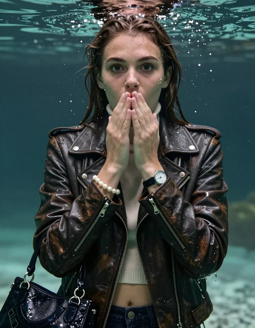 photo of young woman, in soaking wet, drenched clothes,
, , Biker leatherjacket, Tight knit turtleneck sweater belly free, handbag, pearl necklace, bracelet, wristwatch, drenched, 
enjoying, wet clothes stuck to body,
detailed textures of the wet clothes, wet face, wet plastered hair,
wet, drenched, professional, high-quality details, full body view.
sharp focus, ultra-high pixel detail, realistic, high-quality, full colors, incredibly detailed, 4k, 8k, 16k, hyper-realistic, RAW photo, masterpiece, ultra-detailed, professionally color graded, professional photograph, sleek long straight hair

19 years old  teenage girl

Only head and shoulders are over the surface visible. Open mouth, big eyes. Looking at camera. Hold her hands over her mouth.

The girls wear different clothes.

she is completely underwater up to her neck, surprised and astonished expression. 

her submerged clothes are hardly vusible under water, she soaked her handbag into the water

her clothing is soaking wet and clinging tightly to her skin, showing heavy wet folds, darkened fabric texture, and deep water-saturated Patches, her clothes are heavy from the water, water runs from her body and her clothes in streams. A lot of water also runs out of her clothes. Her clothes are darkened by the water. Her submerged clothes are good visible under the water.  she soaked her handbag into the water.

close up view, wet skin, wet clothes, wet hair, damp fabric, water runs down the clothes, wet skin, wet clothes, damp fabric. cinematic medium shot, hyper-realistic wetness, high-contrast water sheen, sharp focus, 16k resolution, professional photography, realistic water physics., wet skin, wet clothes, damp fabric, wet skin, wet clothes, damp fabric