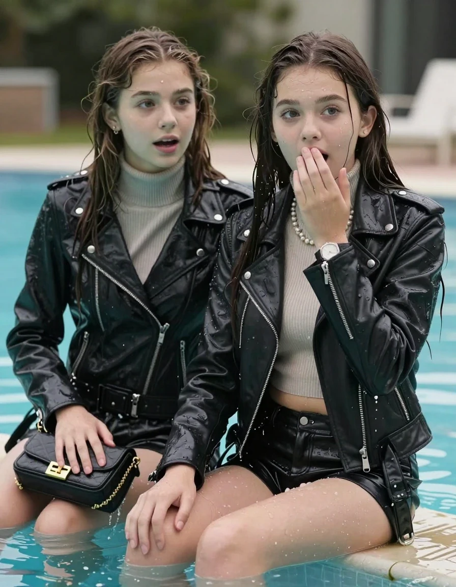 photo of young woman, in soaking wet, drenched clothes,
, , Biker leatherjacket, Tight knit turtleneck sweater belly free, handbag, pearl necklace, bracelet, wristwatch, sitting at the edge of a pool, 
enjoying, wet clothes stuck to body,
detailed textures of the wet clothes, wet face, wet plastered hair,
wet, drenched, professional, high-quality details, full body view.
sharp focus, ultra-high pixel detail, realistic, high-quality, full colors, incredibly detailed, 4k, 8k, 16k, hyper-realistic, RAW photo, masterpiece, ultra-detailed, professionally color graded, professional photograph, sleek long straight hair

Two 15 years old  teenage girl

Only head and shoulders are over the surface visible. Open mouth, big eyes. Looking at camera. Hold her hand in front of her mouth.

The girls wear different clothes.

she is completely underwater up to her neck, surprised and astonished expression. 

her submerged clothes are hardly vusible under water, she soaked her handbag into the water

her clothing is soaking wet and clinging tightly to her skin, showing heavy wet folds, darkened fabric texture, and deep water-saturated Patches, her clothes are heavy from the water, water runs from her body and her clothes in streams. A lot of water also runs out of her clothes. Her clothes are darkened by the water. Her submerged clothes are good visible under the water.  she soaked her handbag into the water.

close up view, wet skin, wet clothes, wet hair, damp fabric, water runs down the clothes, wet skin, wet clothes, damp fabric. cinematic medium shot, hyper-realistic wetness, high-contrast water sheen, sharp focus, 8k resolution, professional photography, realistic water physics., wet skin, wet clothes, damp fabric, wet skin, wet clothes, damp fabric