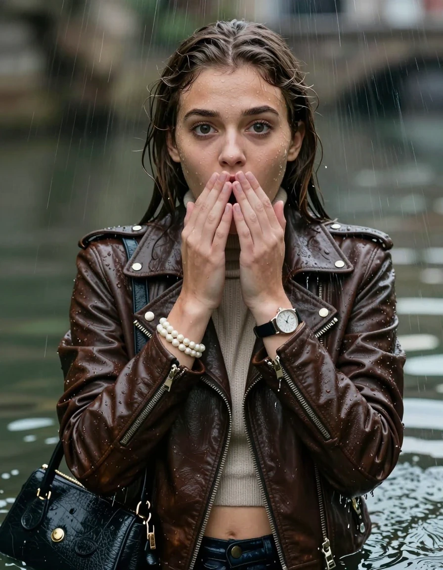 photo of young woman, in soaking wet, drenched clothes,
, , Biker leatherjacket, Tight knit turtleneck sweater belly free, handbag, pearl necklace, bracelet, wristwatch, drenched, 
enjoying, wet clothes stuck to body,
detailed textures of the wet clothes, wet face, wet plastered hair,
wet, drenched, professional, high-quality details, full body view.
sharp focus, ultra-high pixel detail, realistic, high-quality, full colors, incredibly detailed, 4k, 8k, 16k, hyper-realistic, RAW photo, masterpiece, ultra-detailed, professionally color graded, professional photograph, sleek long straight hair

19 years old  teenage girl

Only head and shoulders are over the surface visible. Open mouth, big eyes. Looking at camera. Hold her hands over her mouth.

The girls wear different clothes.

she is completely underwater up to her neck, surprised and astonished expression. 

her submerged clothes are hardly vusible under water, she soaked her handbag into the water

her clothing is soaking wet and clinging tightly to her skin, showing heavy wet folds, darkened fabric texture, and deep water-saturated Patches, her clothes are heavy from the water, water runs from her body and her clothes in streams. A lot of water also runs out of her clothes. Her clothes are darkened by the water. Her submerged clothes are good visible under the water.  she soaked her handbag into the water.

close up view, wet skin, wet clothes, wet hair, damp fabric, water runs down the clothes, wet skin, wet clothes, damp fabric. cinematic medium shot, hyper-realistic wetness, high-contrast water sheen, sharp focus, 16k resolution, professional photography, realistic water physics., wet skin, wet clothes, damp fabric, wet skin, wet clothes, damp fabric