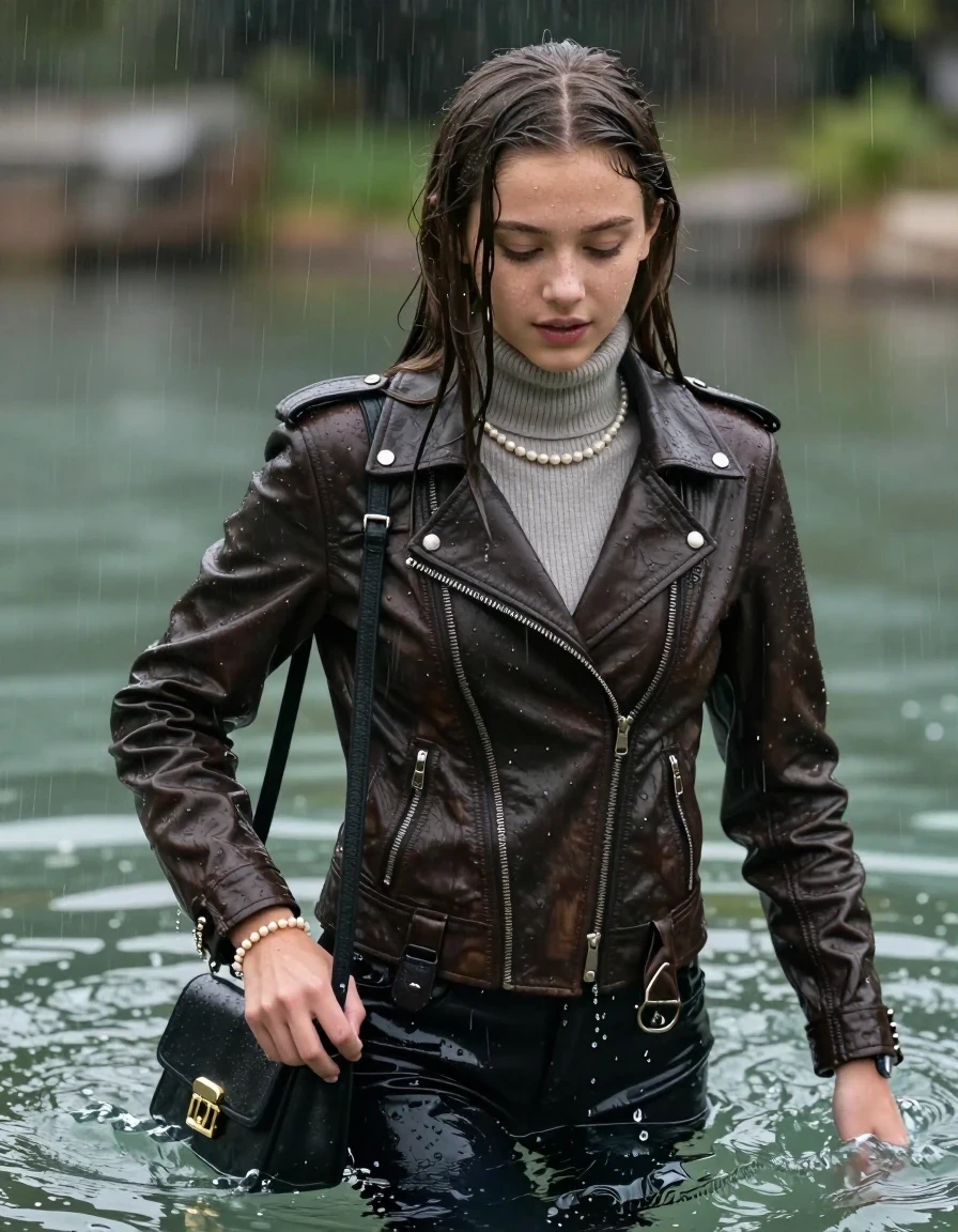 photo of young woman, in soaking wet, drenched clothes,
, , biker leatherjacket, Tight knit turtleneck sweater belly free, handbag, pearl necklace, bracelet, wristwatch, splashing in a crystal pond during heavy rain, 
enjoying, wet clothes stuck to body,
detailed textures of the wet clothes, wet face, wet plastered hair,
wet, drenched, professional, high-quality details, full body view.
sharp focus, ultra-high pixel detail, realistic, high-quality, full colors, incredibly detailed, 4k, 8k, 16k, hyper-realistic, RAW photo, masterpiece, ultra-detailed, professionally color graded, professional photograph, sleek long straight hair

15 years old  teenage girl

The girls wear different clothes.

her submerged clothes are hardly vusible under water, she soaked her handbag into the water

her clothing is soaking wet and clinging tightly to her skin, showing heavy wet folds, darkened fabric texture, and deep water-saturated Patches, her clothes are heavy from the water, water runs from her body and her clothes in streams. A lot of water also runs out of her clothes. Her clothes are darkened by the water. Her submerged clothes are good visible under the water.  she soaked her handbag into the water.

close up view, wet skin, wet clothes, wet hair, damp fabric, water runs down the clothes, wet skin, wet clothes, damp fabric. cinematic medium shot, hyper-realistic wetness, high-contrast water sheen, sharp focus, 16k resolution, professional photography, realistic water physics., wet skin, wet clothes, damp fabric, wet skin, wet clothes, damp fabric, wet skin, wet clothes, damp fabric