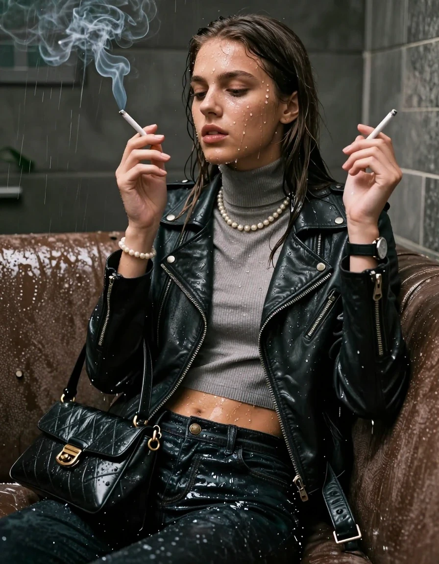 photo of young woman, in soaking wet, drenched clothes,
, , biker leatherjacket, Tight knit turtleneck sweater belly free, handbag, pearl necklace, bracelet, wristwatch, water filled wet room with a submerged brown couch under heavy sprinklers, smoking a cigarette, 
enjoying, wet clothes stuck to body,
detailed textures of the wet clothes, wet face, wet plastered hair,
wet, drenched, professional, high-quality details, full body view.
sharp focus, ultra-high pixel detail, realistic, high-quality, full colors, incredibly detailed, 4k, 8k, 16k, hyper-realistic, RAW photo, masterpiece, ultra-detailed, professionally color graded, professional photograph, sleek long straight hair

15 years old  teenage girl

The girls wear different clothes.

her submerged clothes are hardly vusible under water, she soaked her handbag into the water

her clothing is soaking wet and clinging tightly to her skin, showing heavy wet folds, darkened fabric texture, and deep water-saturated Patches, her clothes are heavy from the water, water runs from her body and her clothes in streams. A lot of water also runs out of her clothes. Her clothes are darkened by the water. Her submerged clothes are good visible under the water.  she soaked her handbag into the water.

close up view, wet skin, wet clothes, wet hair, damp fabric, water runs down the clothes, wet skin, wet clothes, damp fabric. cinematic medium shot, hyper-realistic wetness, high-contrast water sheen, sharp focus, 16k resolution, professional photography, realistic water physics., wet skin, wet clothes, damp fabric, wet skin, wet clothes, damp fabric, wet skin, wet clothes, damp fabric