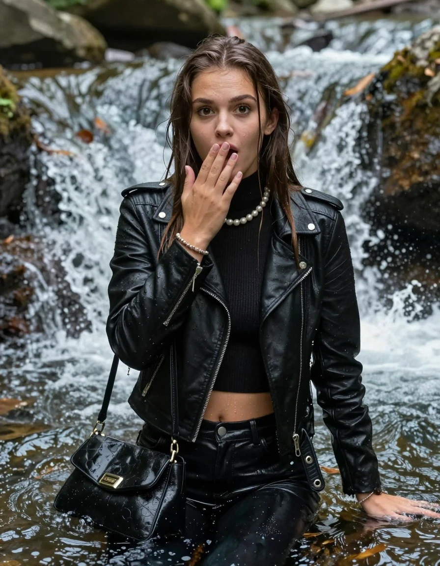 photo of young woman, in soaking wet, drenched clothes,
, , black Biker leatherjacket, Tight knit turtleneck sweater belly free, handbag, pearl necklace, bracelet, wristwatch, sitting in the waterfall of a fast flowing creek in the forest, 
enjoying, wet clothes stuck to body,
detailed textures of the wet clothes, wet face, wet plastered hair,
wet, drenched, professional, high-quality details, full body view.
sharp focus, ultra-high pixel detail, realistic, high-quality, full colors, incredibly detailed, 4k, 8k, 16k, hyper-realistic, RAW photo, masterpiece, ultra-detailed, professionally color graded, professional photograph, sleek long straight hair

15 years old  teenage girl

Only head and shoulders are over the surface visible. Open mouth, big eyes. Looking at camera. Hold her hand on her mouth.

The girls wear different clothes.

surprised and astonished expression. 

her submerged clothes are hardly vusible under water, she soaked her handbag into the water

her clothing is soaking wet and clinging tightly to her skin, showing heavy wet folds, darkened fabric texture, and deep water-saturated Patches, her clothes are heavy from the water, water runs from her body and her clothes in streams. A lot of water also runs out of her clothes. Her clothes are darkened by the water. Her submerged clothes are good visible under the water.  she soaked her handbag into the water.

close up view, wet skin, wet clothes, wet hair, damp fabric, water runs down the clothes, wet skin, wet clothes, damp fabric. cinematic medium shot, hyper-realistic wetness, high-contrast water sheen, sharp focus, 16k resolution, professional photography, realistic water physics., wet skin, wet clothes, damp fabric, wet skin, wet clothes, damp fabric