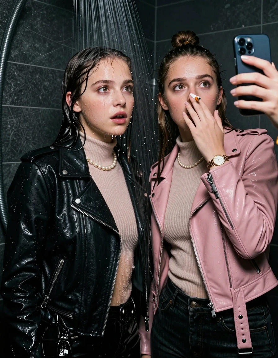 photo of young woman, in soaking wet, drenched clothes,
, , Black Biker leatherjacket and light pink leatherjacket, knit turtleneck sweater belly free, handbag, pearl necklace, bracelet, wristwatch, Under the shower, strong jet of water, party room, Smoking a cigarette , 
enjoying, wet clothes stuck to body,
detailed textures of the wet clothes, wet face, wet plastered hair,
wet, drenched, professional, high-quality details, full body view.
sharp focus, ultra-high pixel detail, realistic, high-quality, full colors, incredibly detailed, 4k, 8k, 16k, hyper-realistic, RAW photo, masterpiece, ultra-detailed, professionally color graded, professional photograph, sleek long straight hair and topknot

 two 15 years old  teenage girls

Only head and shoulders are over the surface visible. Open mouth, big eyes. Looking at camera. Hold her hand in front of her nose. one girl take a selfie with her smartphone.

The girls wear different clothes.

she is completely underwater up to her neck, afraid and astonished expression. 

her clothing is soaking wet and clinging tightly to her skin, showing heavy wet folds, darkened fabric texture, and deep water-saturated Patches, her clothes are heavy from the water, water runs from her body and her clothes in streams. A lot of water also runs out of her clothes. Her clothes are darkened by the water. Her submerged clothes are good visible under the water.  she soaked her handbag into the water.

close up view, wet skin, wet clothes, wet hair, damp fabric, water runs down the clothes, wet skin, wet clothes, damp fabric. cinematic medium shot, hyper-realistic wetness, high-contrast water sheen, sharp focus, 16k resolution, professional photography, realistic water physics., wet skin, wet clothes, damp fabric, wet skin, wet clothes, damp fabric, wet skin, wet clothes, damp fabric, wet skin, wet clothes, damp fabric, wet skin, wet clothes, damp fabric, wet skin, wet clothes, damp fabric