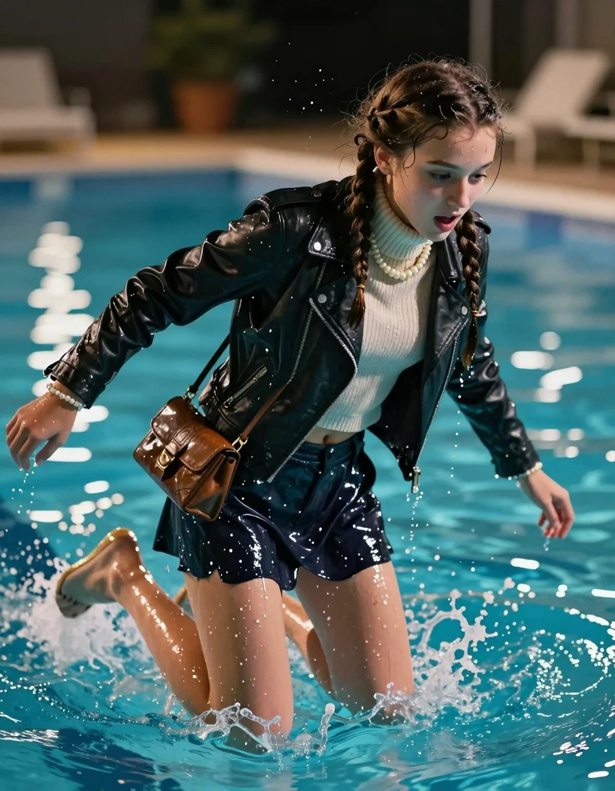photo of young woman, in soaking wet, drenched clothes,
, , Biker leatherjacket, knit turtleneck sweater belly free, handbag, pearl necklace, bracelet, wristwatch, Jumping and Diving into a Swimming pool at night, 
enjoying, wet clothes stuck to body,
detailed textures of the wet clothes, wet face, wet plastered hair,
wet, drenched, professional, high-quality details, full body view.
sharp focus, ultra-high pixel detail, realistic, high-quality, full colors, incredibly detailed, 4k, 8k, 16k, hyper-realistic, RAW photo, masterpiece, ultra-detailed, professionally color graded, professional photograph, Two long braids 

 15 years old  school girl

Only head and shoulders are over the surface visible. Open mouth, big eyes. Looking down.

The scene is captured at the moment of impact with water droplets spraying in the air and the pool lights creating reflections on the surface. The mood is daring and energetic, with a focus on the movement of the fabric and the splash.

The scene is captured at the moment of impact with water droplets spraying in the air and the pool lights creating reflections on the surface. The mood is daring and energetic, with a focus on the movement of the fabric and the splash.

The girls wear different clothes.

she is completely underwater up to her neck, surprised and astonished expression. 

her clothing is soaking wet and clinging tightly to her skin, showing heavy wet folds, darkened fabric texture, and deep water-saturated Patches, her clothes are heavy from the water, water runs from her body and her clothes in streams. A lot of water also runs out of her clothes. Her clothes are darkened by the water. Her submerged clothes are good visible under the water.  she soaked her handbag into the water.

close up view, wet skin, wet clothes, wet hair, damp fabric, water runs down the clothes, wet skin, wet clothes, damp fabric. cinematic medium shot, hyper-realistic wetness, high-contrast water sheen, sharp focus, 16k resolution, professional photography, realistic water physics., wet skin, wet clothes, damp fabric, wet skin, wet clothes, damp fabric, wet skin, wet clothes, damp fabric, wet skin, wet clothes, damp fabric