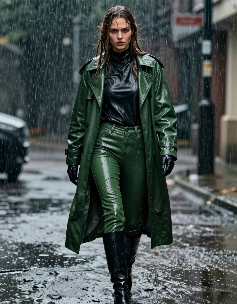 A photorealistic full-body shot of a young adult European woman with long, dripping wet brown hair, captured in heavy rain. Her skin is glistening with water, and her clothing is heavily drenched and clinging to her form. She wears an oversize black leather polar neck shirt, leather gloves on both hands, and a long green leather trench coat. Her legs are clad in green leather jeans that are soaking-wet, with the leather darkened by water saturation, showing heavy wet folds, deep creases, and strong glossy specular reflections on the surface. She is wearing black leather knee-high boots that are slick and reflective from the downpour. The scene is set outdoors during a storm, with water streaming down her face and clothing. The lighting is moody and atmospheric, emphasizing the wet sheen on all surfaces. The image is strictly non-nude, focusing on high-detail textures of damp fabric, soaked leather, and realistic water behavior, 8k resolution, cinematic composition.