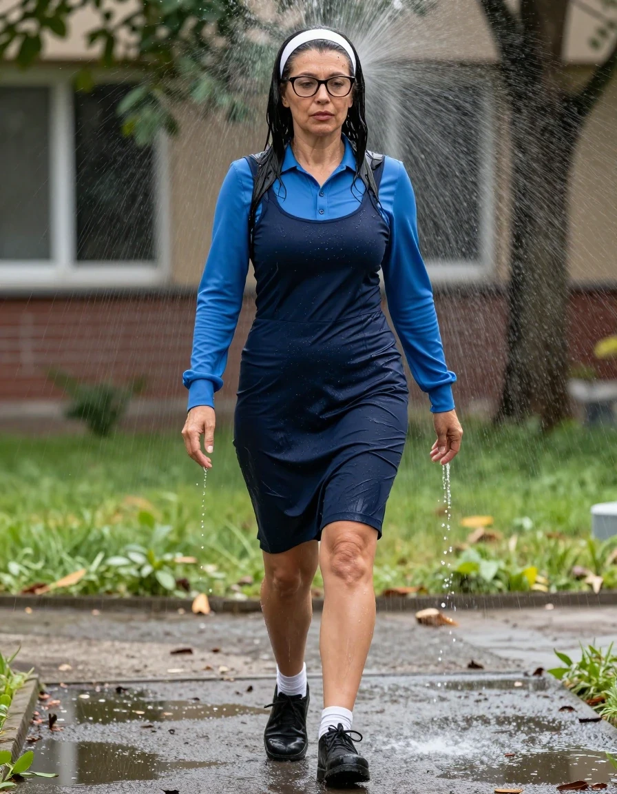 photo of young woman, in soaking wet, drenched clothes,
black shoes, white socks, DARK blue school tight pinafore over a blue long-sleeved shirt, DARK blue school tight pinafore over a blue long-sleeved shirt, walking under sprinklers under sunny school garden, enjoying wet clothes stuck body, enjoying, wet clothes stuck to body, 
enjoying, wet clothes stuck to body,
detailed textures of the wet clothes, wet face, wet plastered hair,
wet, drenched, professional, high-quality details, full body view.
sharp focus, ultra-high pixel detail, realistic, high-quality, full colors, incredibly detailed, 4k, 8k, 16k, hyper-realistic, RAW photo, masterpiece, ultra-detailed, professionally color graded, professional photograph, europen brunette skinny woman 50 years old, long dark black hair, very big and thick lips,  office glasses, white headband, complete body, wet skin, wet clothes, damp fabric, wet skin, wet clothes, damp fabric, wet skin, wet clothes, damp fabric, wet skin, wet clothes, damp fabric, wet skin, wet clothes, damp fabric, wet skin, wet clothes, damp fabric, wet skin, wet clothes, damp fabric