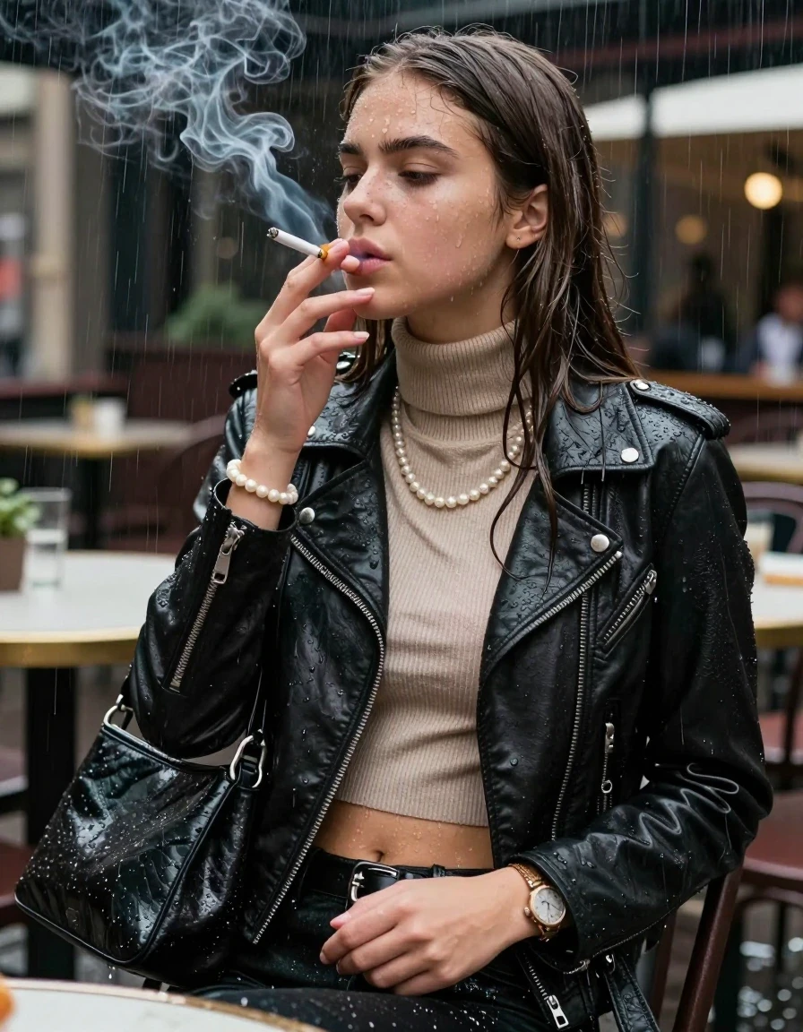 photo of young woman, in soaking wet, drenched clothes,
, , biker leatherjacket, Tight knit turtleneck sweater belly free, handbag, pearl necklace, bracelet, wristwatch, under heavy rain at outdoor restaurant, smoking a cigarette, 
enjoying, wet clothes stuck to body,
detailed textures of the wet clothes, wet face, wet plastered hair,
wet, drenched, professional, high-quality details, full body view.
sharp focus, ultra-high pixel detail, realistic, high-quality, full colors, incredibly detailed, 4k, 8k, 16k, hyper-realistic, RAW photo, masterpiece, ultra-detailed, professionally color graded, professional photograph, sleek long straight hair

15 years old  teenage girl

The girls wear different clothes.

her submerged clothes are hardly vusible under water, she soaked her handbag into the water

her clothing is soaking wet and clinging tightly to her skin, showing heavy wet folds, darkened fabric texture, and deep water-saturated Patches, her clothes are heavy from the water, water runs from her body and her clothes in streams. A lot of water also runs out of her clothes. Her clothes are darkened by the water. Her submerged clothes are good visible under the water.  she soaked her handbag into the water.

close up view, wet skin, wet clothes, wet hair, damp fabric, water runs down the clothes, wet skin, wet clothes, damp fabric. cinematic medium shot, hyper-realistic wetness, high-contrast water sheen, sharp focus, 16k resolution, professional photography, realistic water physics., wet skin, wet clothes, damp fabric, wet skin, wet clothes, damp fabric, wet skin, wet clothes, damp fabric, wet skin, wet clothes, damp fabric