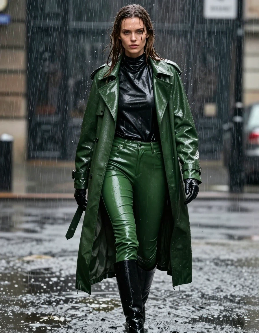 A hyper-realistic full-body shot of a young adult European woman with long, dripping wet brown hair and glistening wet skin, walking through a torrential downpour. She is wearing an oversize black leather polar neck shirt with long sleeves and black leather gloves, layered under a long, heavy green leather trench coat that is soaked with rain. She wears green leather jeans that cling to her legs, showing deep, saturated color variations, heavy wet folds, and intense glossy specular reflections on the leather seams and creases. She is wearing black leather knee-high boots that are slick and drenched. The atmosphere is dark and moody with heavy rain, water streaming down her face and clothing, creating a realistic drenched aesthetic with clinging, heavy, water-saturated fabrics. Professional photography, sharp focus on texture and wet sheen, cinematic lighting, high-contrast urban environment, 8k resolution, photorealistic, no nudity, modest and fully clothed.