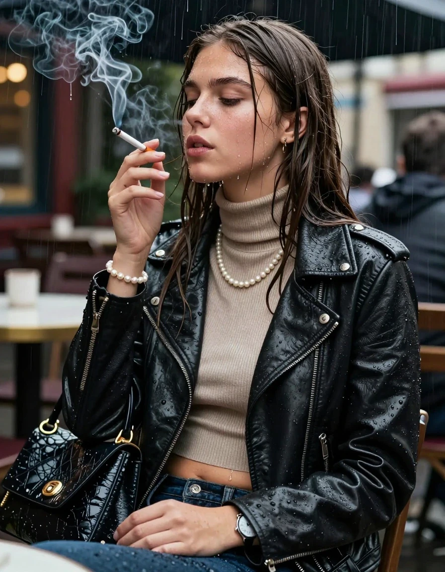 photo of young woman, in soaking wet, drenched clothes,
, , biker leatherjacket, Tight knit turtleneck sweater belly free, handbag, pearl necklace, bracelet, wristwatch, under heavy rain at outdoor restaurant, smoking a cigarette, 
enjoying, wet clothes stuck to body,
detailed textures of the wet clothes, wet face, wet plastered hair,
wet, drenched, professional, high-quality details, full body view.
sharp focus, ultra-high pixel detail, realistic, high-quality, full colors, incredibly detailed, 4k, 8k, 16k, hyper-realistic, RAW photo, masterpiece, ultra-detailed, professionally color graded, professional photograph, sleek long straight hair

15 years old  teenage girl

The girls wear different clothes.

her submerged clothes are hardly vusible under water, she soaked her handbag into the water

her clothing is soaking wet and clinging tightly to her skin, showing heavy wet folds, darkened fabric texture, and deep water-saturated Patches, her clothes are heavy from the water, water runs from her body and her clothes in streams. A lot of water also runs out of her clothes. Her clothes are darkened by the water. Her submerged clothes are good visible under the water.  she soaked her handbag into the water.

close up view, wet skin, wet clothes, wet hair, damp fabric, water runs down the clothes, wet skin, wet clothes, damp fabric. cinematic medium shot, hyper-realistic wetness, high-contrast water sheen, sharp focus, 16k resolution, professional photography, realistic water physics., wet skin, wet clothes, damp fabric, wet skin, wet clothes, damp fabric, wet skin, wet clothes, damp fabric