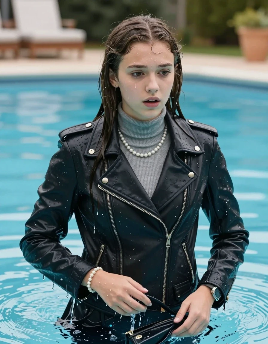 photo of young woman, in soaking wet, drenched clothes,
, , biker leatherjacket, Tight knit turtleneck sweater belly free, handbag, pearl necklace, bracelet, wristwatch, mansion pool, 
enjoying, wet clothes stuck to body,
detailed textures of the wet clothes, wet face, wet plastered hair,
wet, drenched, professional, high-quality details, full body view.
sharp focus, ultra-high pixel detail, realistic, high-quality, full colors, incredibly detailed, 4k, 8k, 16k, hyper-realistic, RAW photo, masterpiece, ultra-detailed, professionally color graded, professional photograph, sleek long straight hair

15 years old  teenage girl, afraid and astonished.

The girls wear different clothes.

her submerged clothes are hardly vusible under water, she soaked her handbag into the water

her clothing is soaking wet and clinging tightly to her skin, showing heavy wet folds, darkened fabric texture, and deep water-saturated Patches, her clothes are heavy from the water, water runs from her body and her clothes in streams. A lot of water also runs out of her clothes. Her clothes are darkened by the water. Her submerged clothes are good visible under the water.  she soaked her handbag into the water.

close up view, wet skin, wet clothes, wet hair, damp fabric, water runs down the clothes, wet skin, wet clothes, damp fabric. cinematic medium shot, hyper-realistic wetness, high-contrast water sheen, sharp focus, 16k resolution, professional photography, realistic water physics., wet skin, wet clothes, damp fabric, wet skin, wet clothes, damp fabric, wet skin, wet clothes, damp fabric